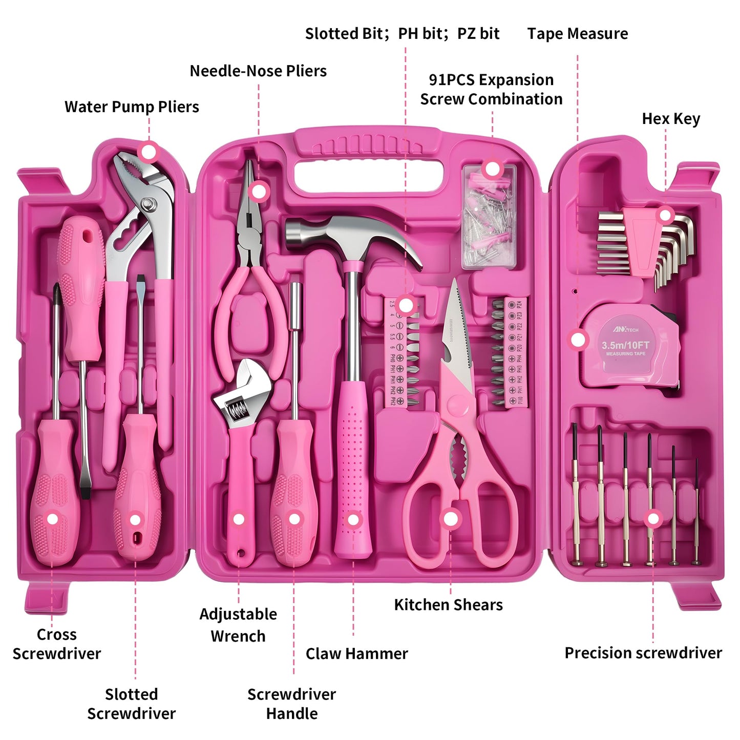 Pink Tool Set for Women, 136-Piece Household Small Tool Set, Toolbox Storage for Home Repairs, Portable Hand Tool Kit for Home, Car Repair, for Ladies