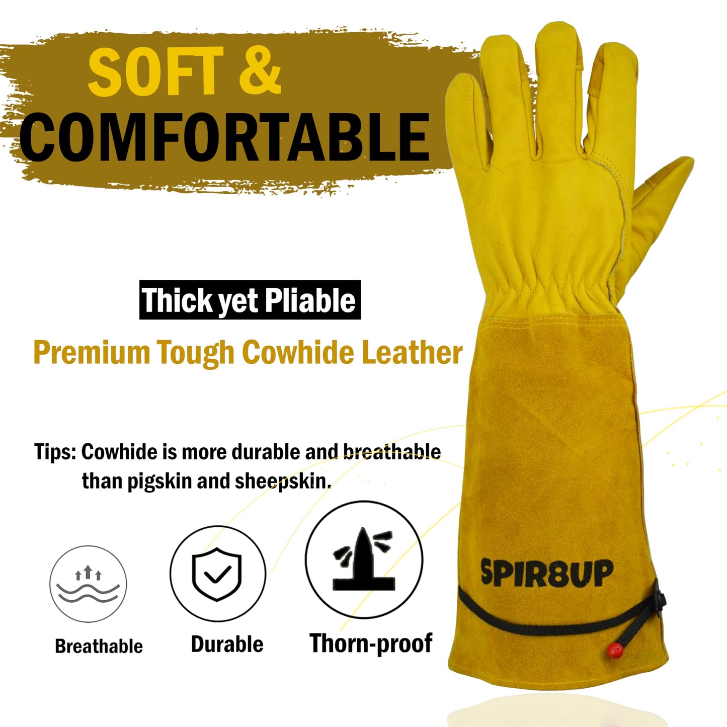 SPIR8UP Cowhide Rose Pruning Gloves, Thorn Proof Long Gardening Gloves for Women & Men, Durable Gauntlet for Cactus Handling (Yellow, Medium)