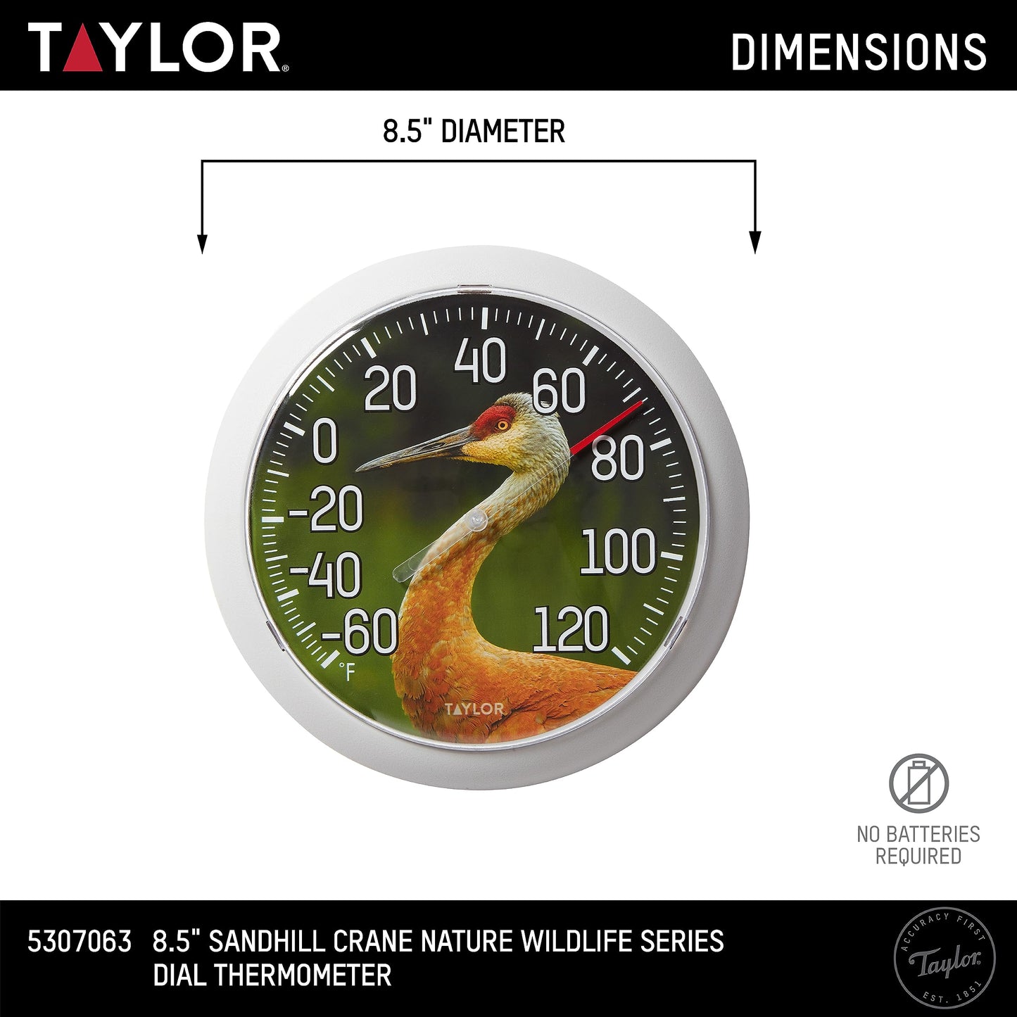 Taylor Nature Series Sandhill Crane Indoor Outdoor Dial Thermometer, Easy to Read Wall Decor for Patio, Pool, Yard, Garden or Garage, 8.5 Inch, Gray Bezel