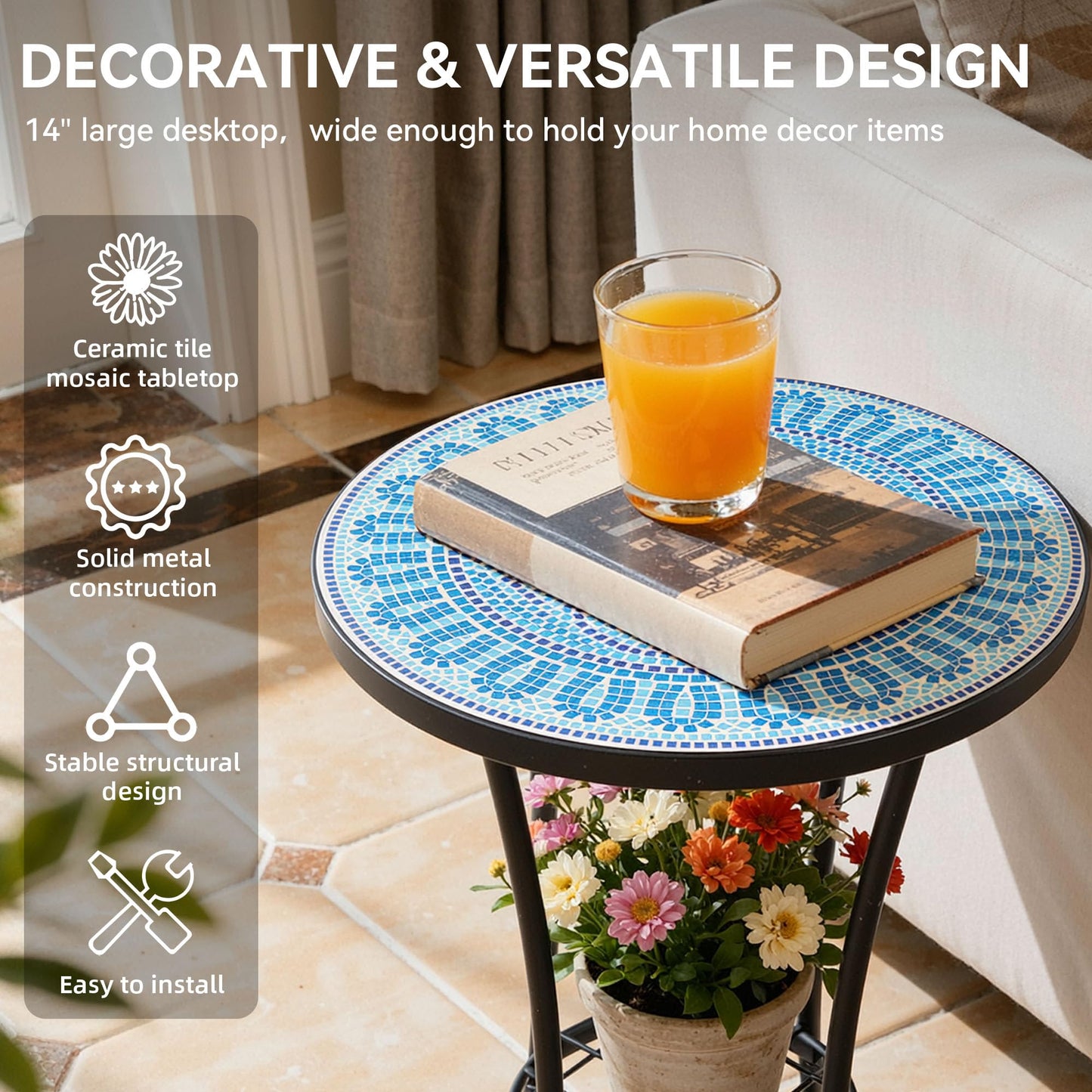Ultym Side Table Outdoor, Mosaic Patio Table with Planter Stand, 22" H Iron Coffee End Table,Weather Resistant Tile Top Metal Drink Bar Table for Indoor Garden Balcony Yard Bistro Balcony