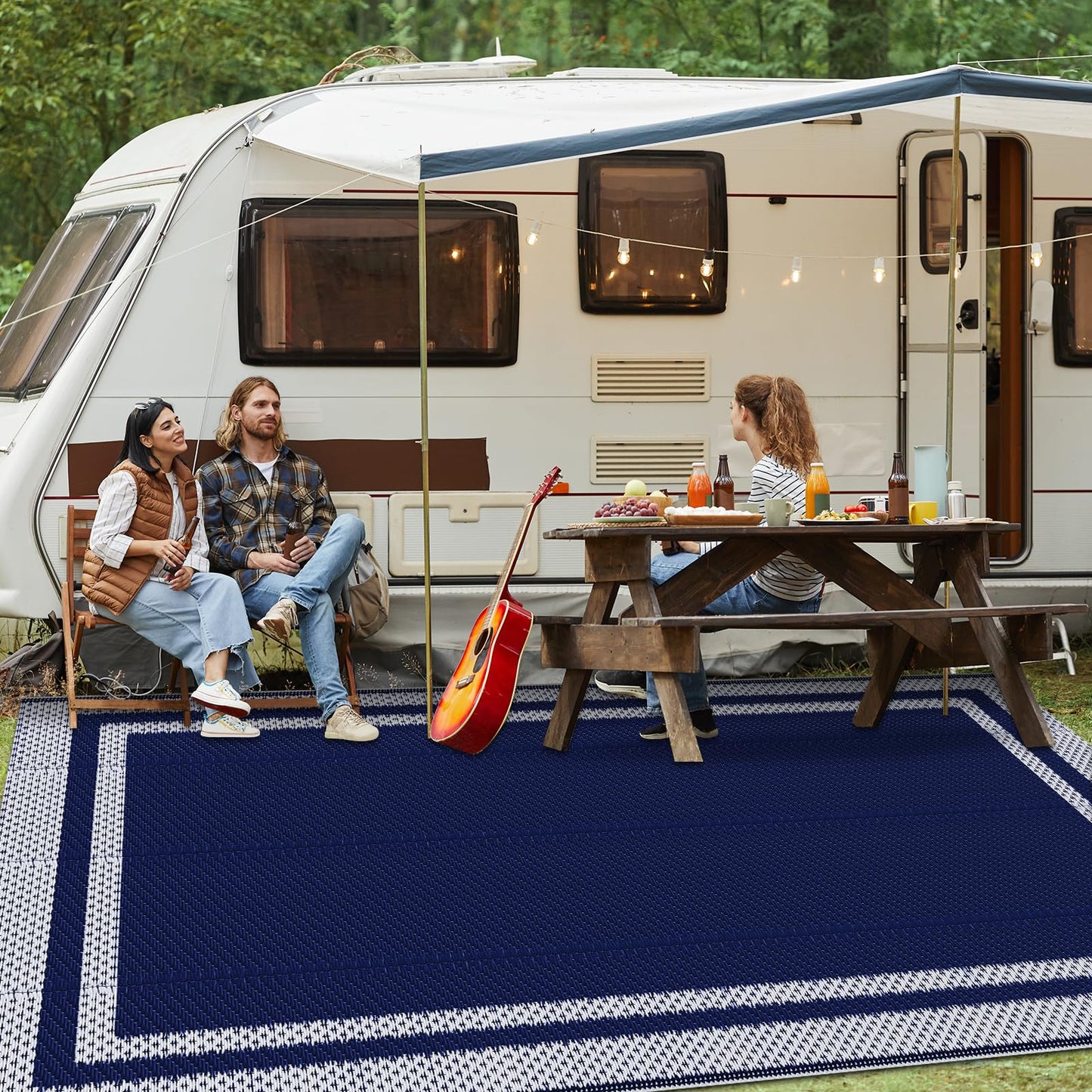 KMAT Outdoor Rug, Waterproof Reversible Patio Rugs, 8x10ft Large Outdoor Area Rug Foldable Plastic Camping Rugs for Outside RV, Patio,Picnic,Camper,Balcony,Porch (Blue &White)