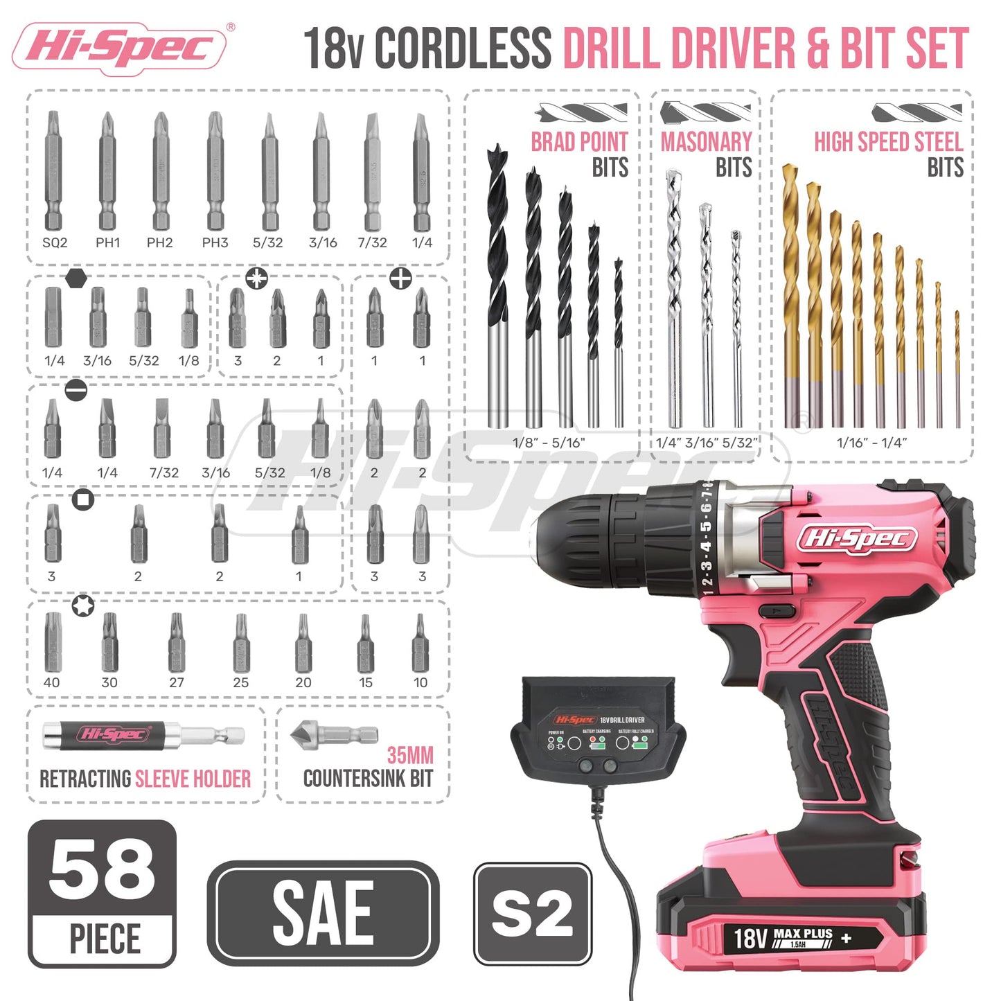 Hi-Spec Pink Cordless Drill Set, 18V Electric Drill with Battery And Charger,Includes Driver/Drill Bit Set for Wood, Steel and Concrete.In a Carrying Case for Home Repair, 58-Piece