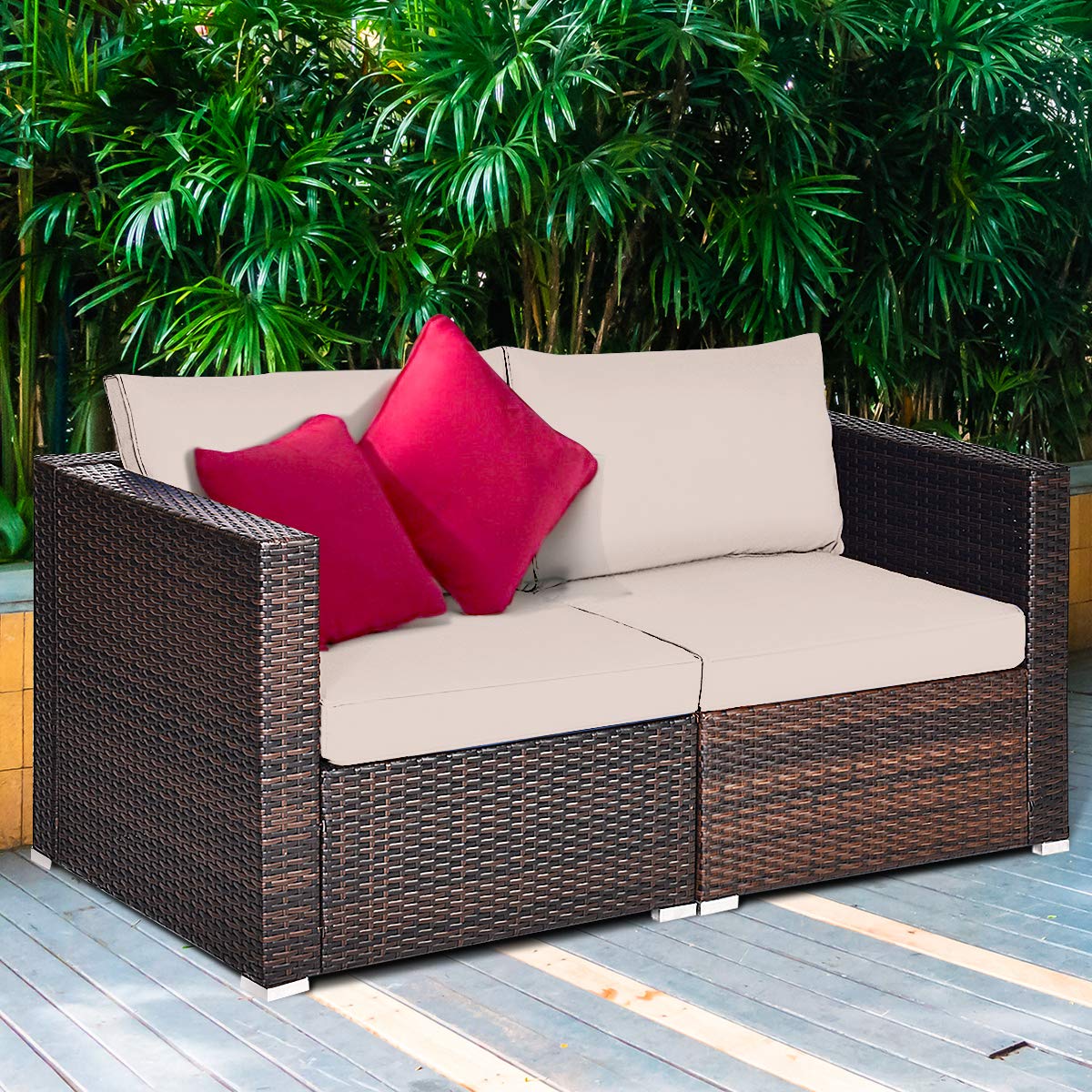 Tangkula Wicker Loveseat 2 Piece, Patio Furniture Couch with Removable Cushions, Rattan Loveseat Sofa for Balcony, Deck, Garden and Poolside