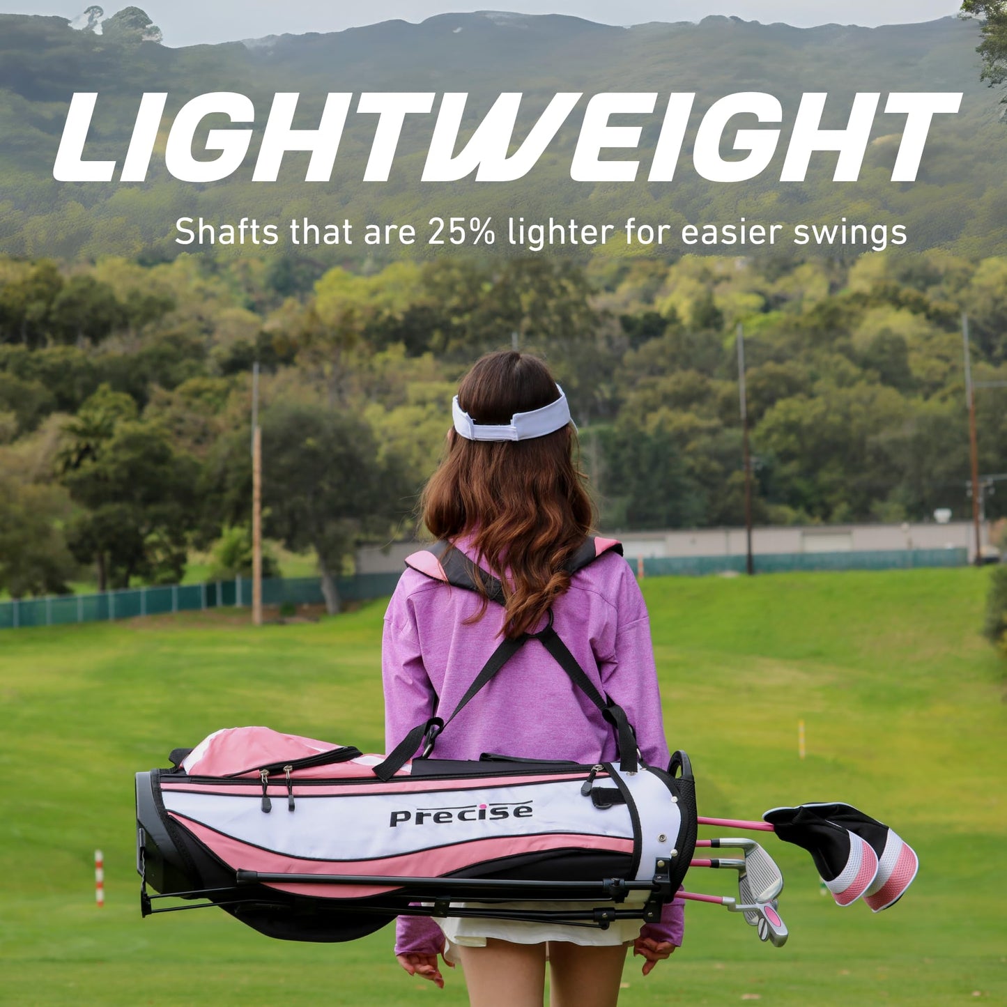 Precise X7 Junior Complete Kids Golf Clubs Set - Boys & Girls Right Handed Kids Golf Set w/ Driver, Hybrid, Irons, Putter, Stand Bag & Headcovers - Youth Golfing Clubs Sets for Ages 9-12 - Pink