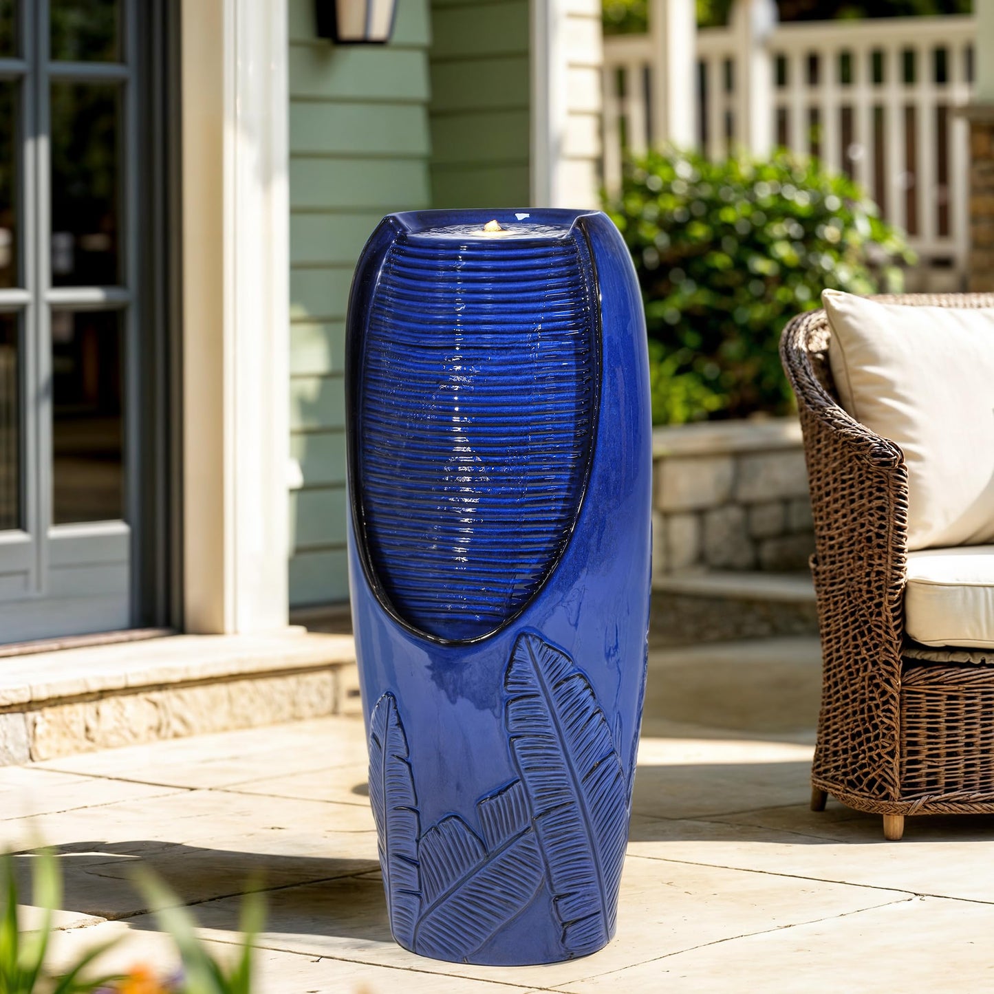 Autodaya 33" Tall Outdoor Garden Fountain with LED Lights, Modern Ceramic Jar Water Fountain, 3D Tropical Leaf Pattern, Cobalt Blue Glaze, Soothing Cascading Waterfall for Relaxing Patio, Yard, Porch