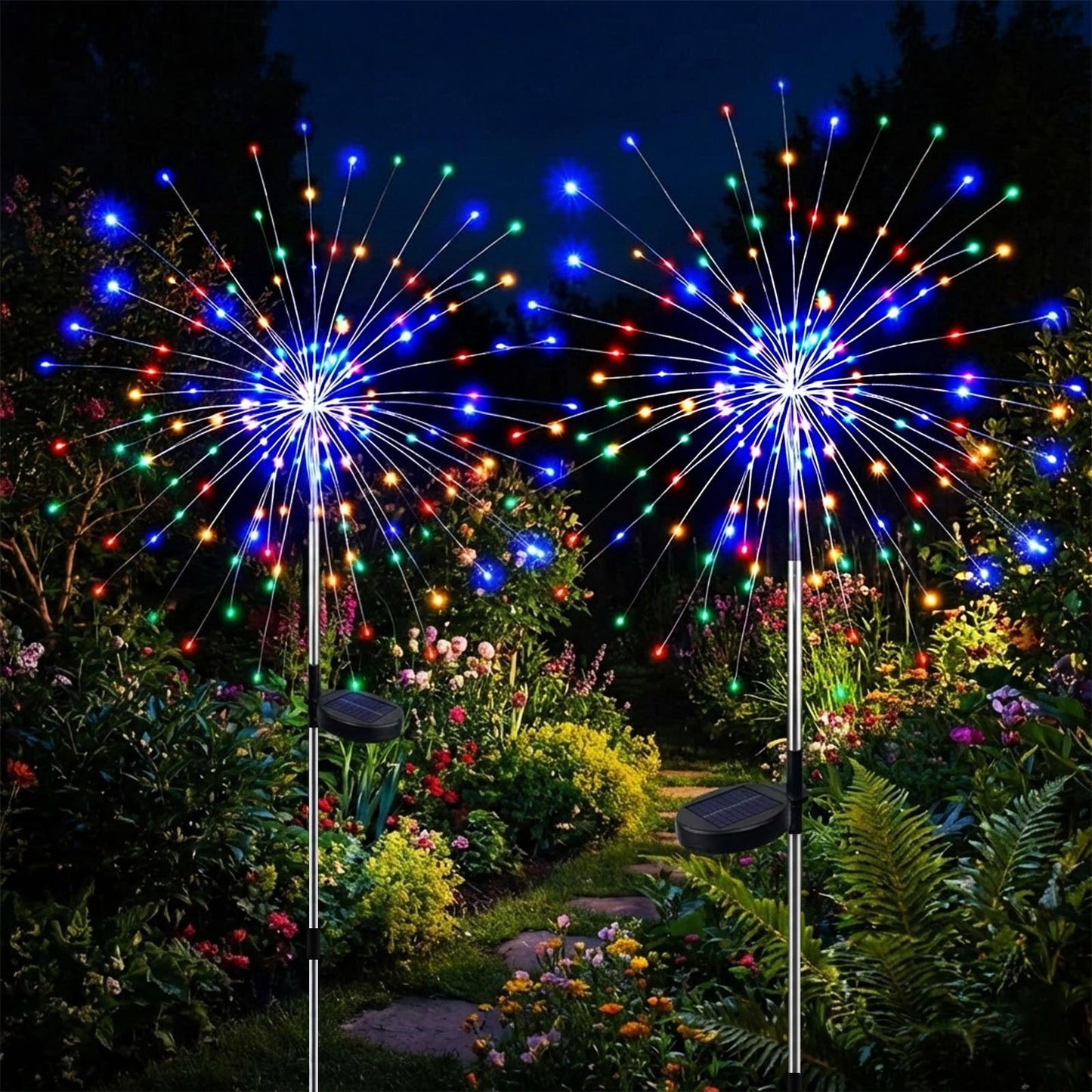 colcutee 2 Pack Solar Firework Lights Outdoor, Adjustable 32" to 51" Extra Tall, 200 LED Stainless Steel 3-Section Pole, 8 Modes Waterproof Starburst Garden Lights for Yard Pathway Walkway Decor