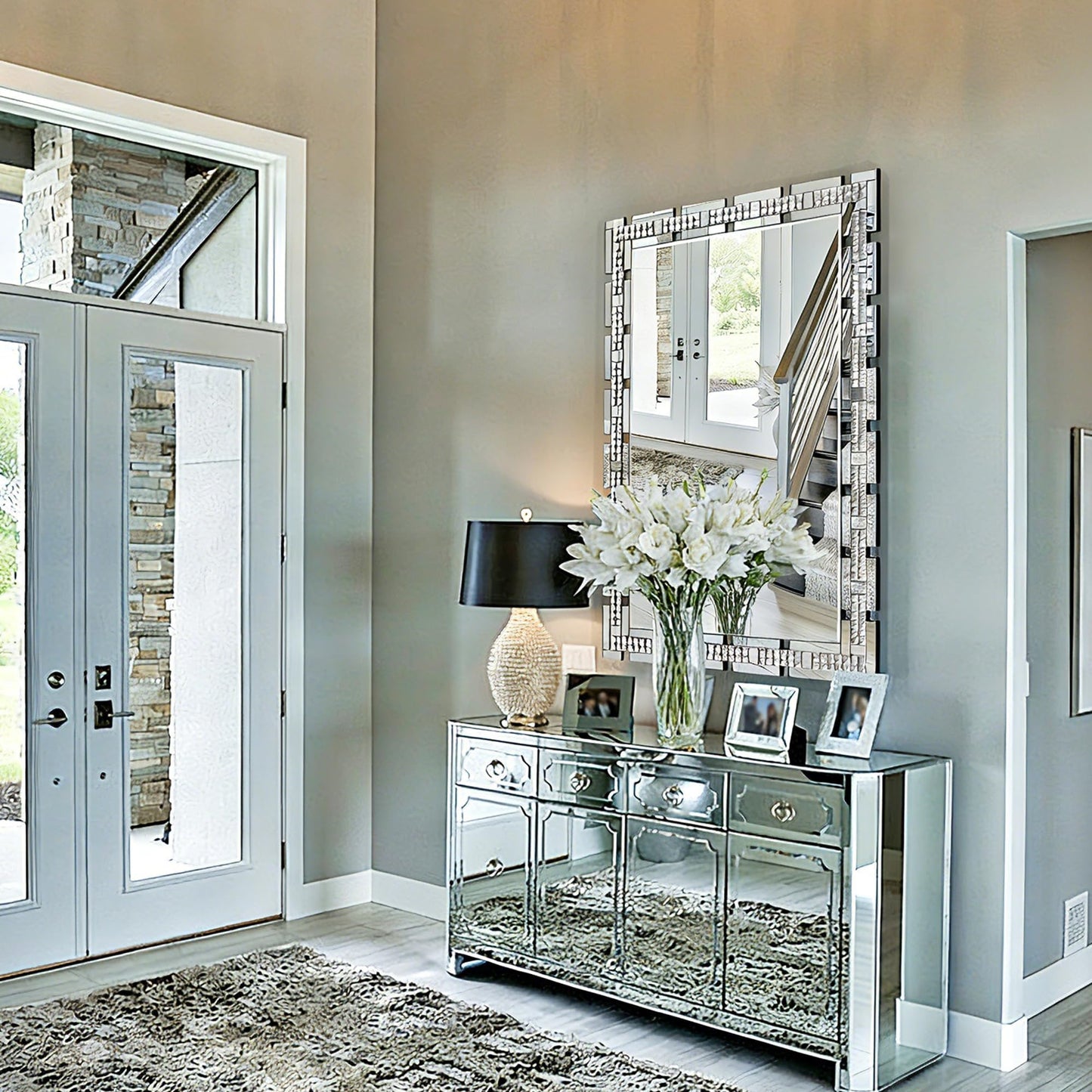Chende Crystal Large Wall Mirror for Decor, Rectangular Large Living Room Mirror with Beveled Edge and Glass Frame, Entrance, Fireplace, Home Office, Horizontal/Vertical Hanging, 32" x 47"