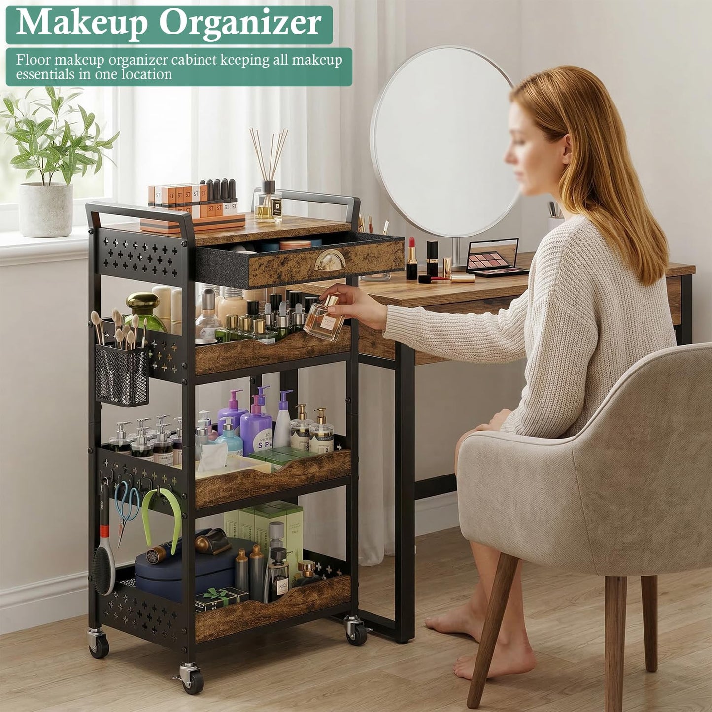 XYZLVSI 4 Tier Rolling Utility Cart Organizer with Removable Drawer, Small Coffee Stand Station with Wheels, Metal Craft Storage Cart for Living Room, Entryway, Bathroom, Office, Makeup