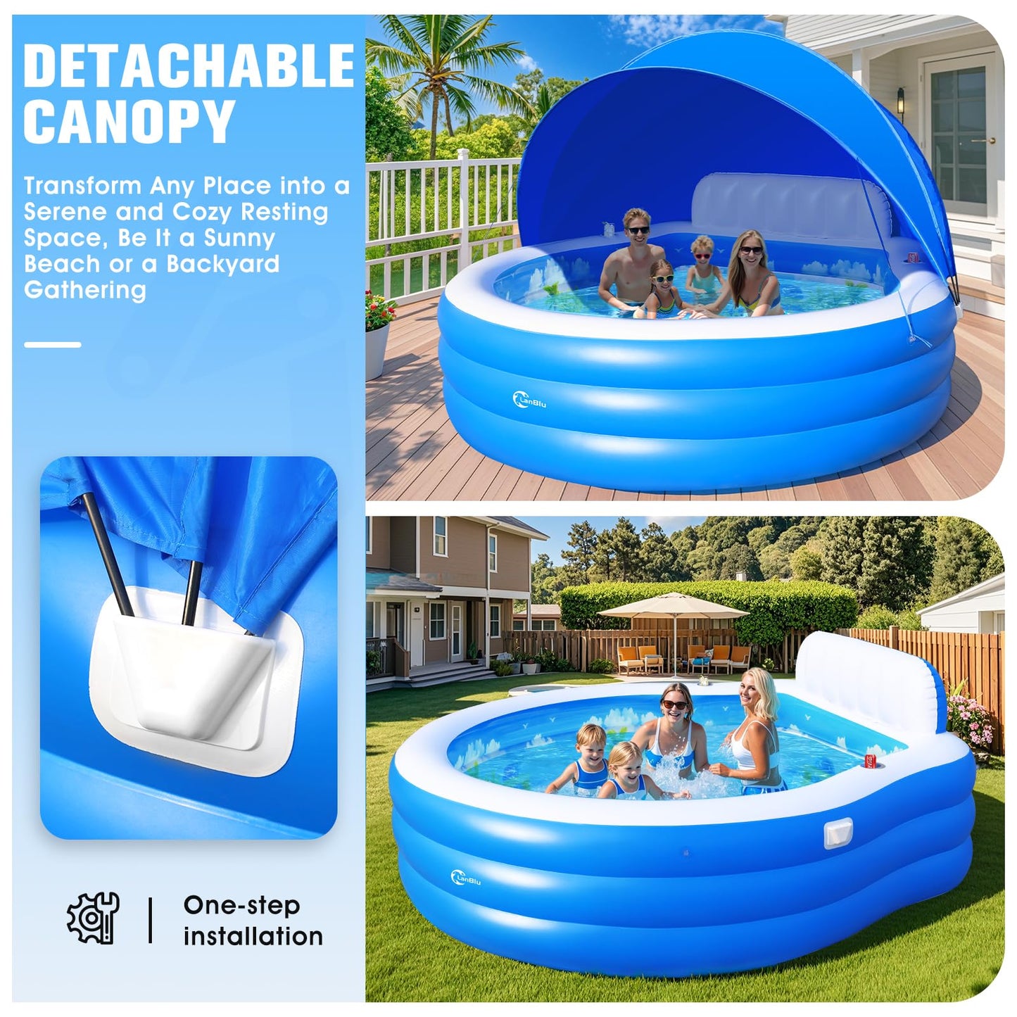 Lanblu 2026 Extra Large Upgraded Inflatable Pool with Canopy,Inflatable Family Lounge Pool,Round Blow Up Pool for Adult with Bench&Backrest,Swim Center Easy Backyard Pools for Kids & Adults90*90"*80"