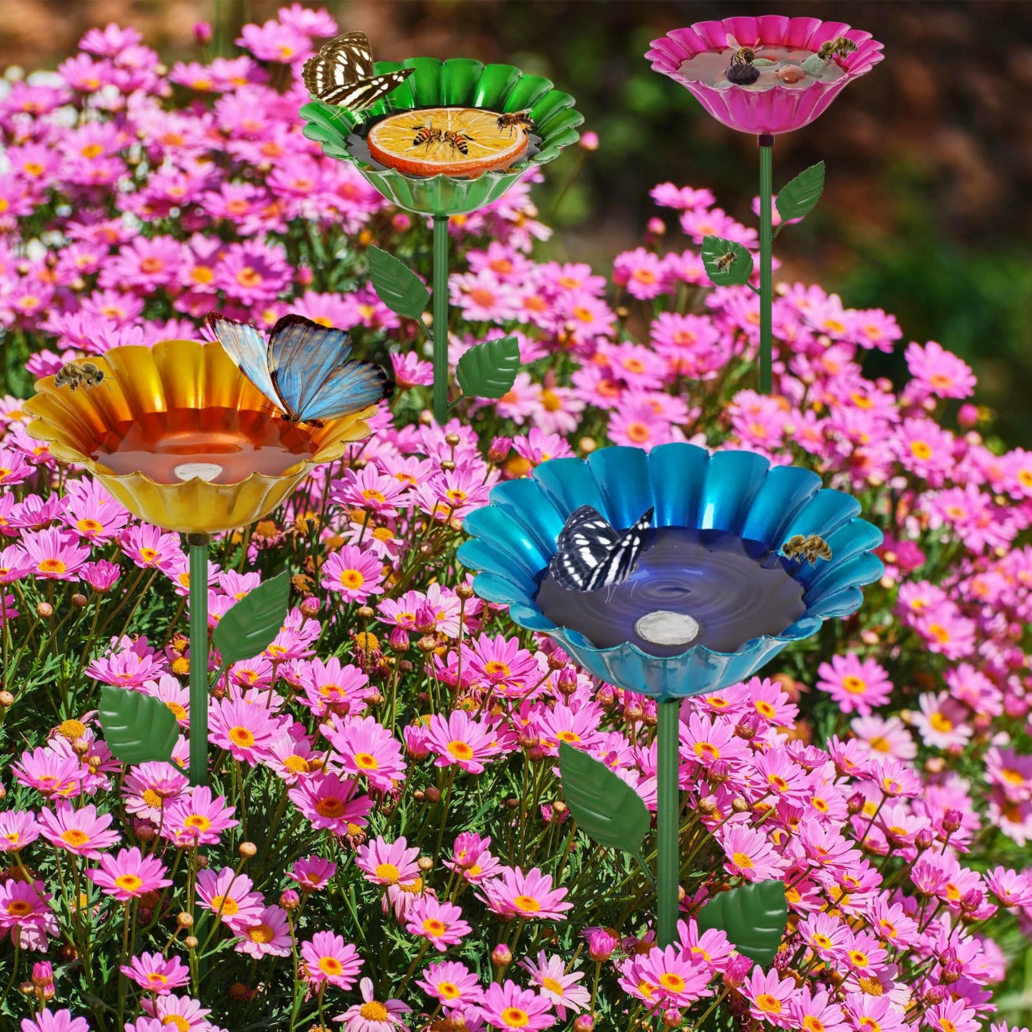Retyion Large Bee Watering Station, 4 Pack Small Bird Bath for Outside, Metal Butterfly Feeders Bowl with 5.32'' Flower Design Bee Bath for Garden Decor (Classic-Flower 4-Pack)