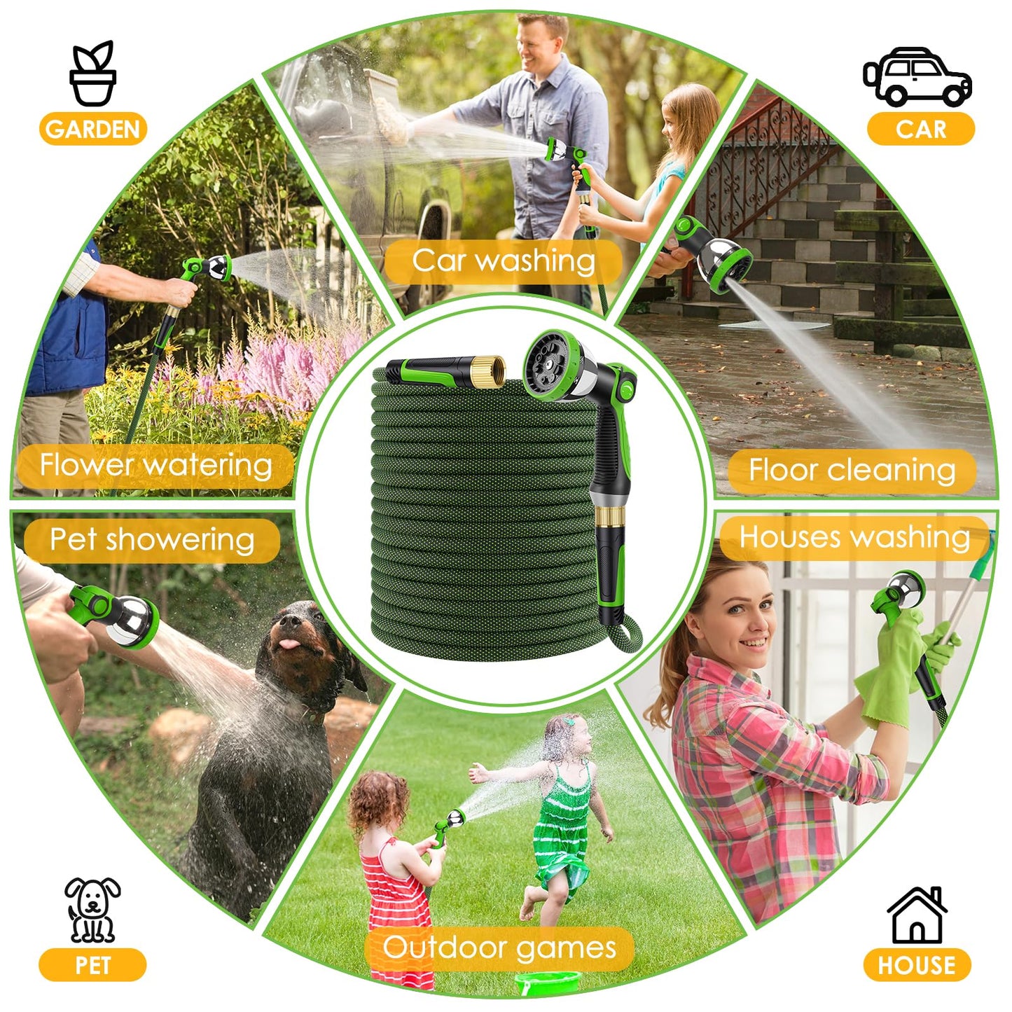 FLOERXIS Non-Expandable Garden Hose 100 FT, Lightweight Hose with 10 Function Spray Nozzle, Kink-Free Flexible Water Hose, Durable, Leak-Proof, 360° Swivel Connectors, Portable Storage Strap