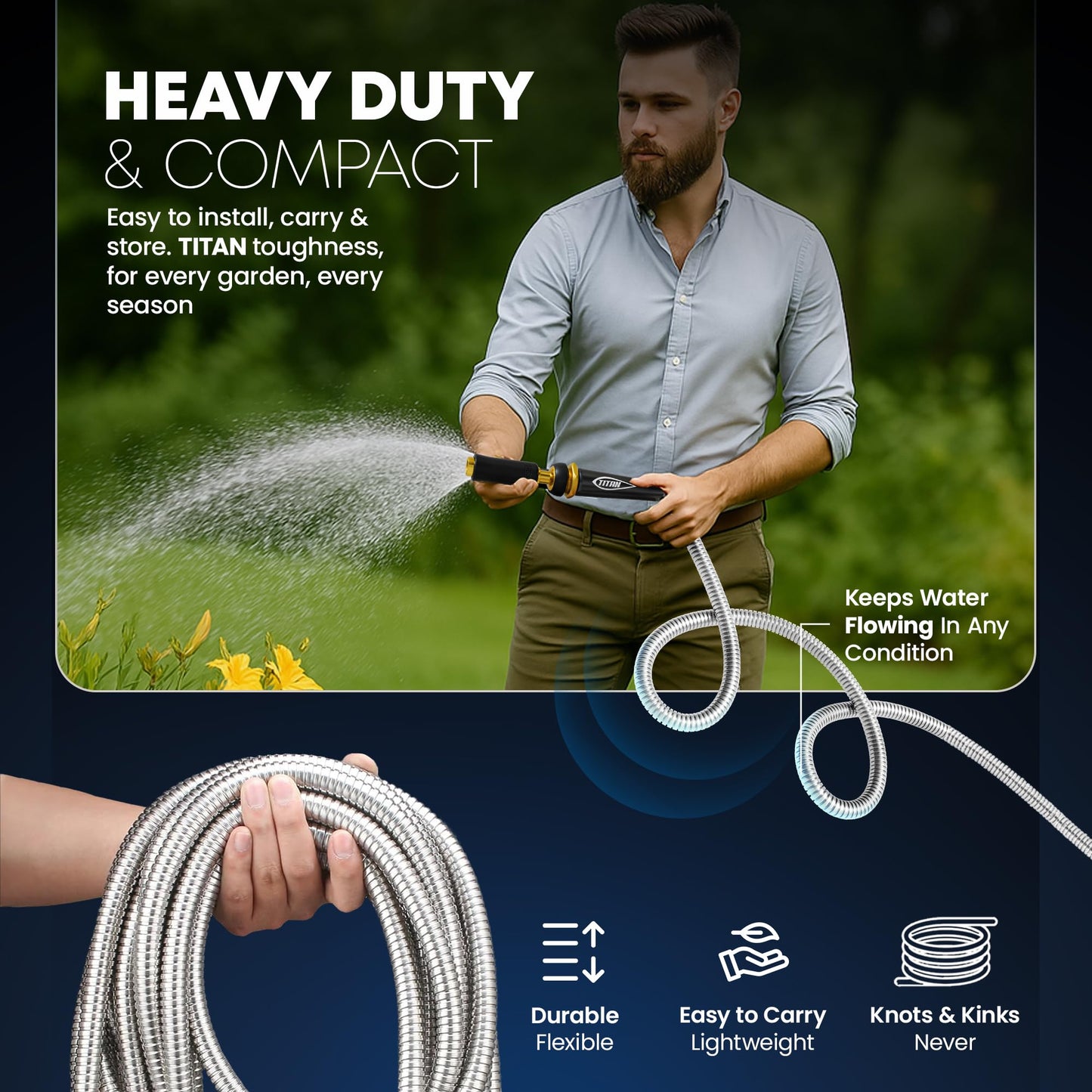 TITAN Garden Hose 150FT - 304 Stainless Steel Metal Water Hose, Flexible, Kink-Free, Lightweight, Durable Crush Resistant Fittings, Easy to Coil, 500 PSI