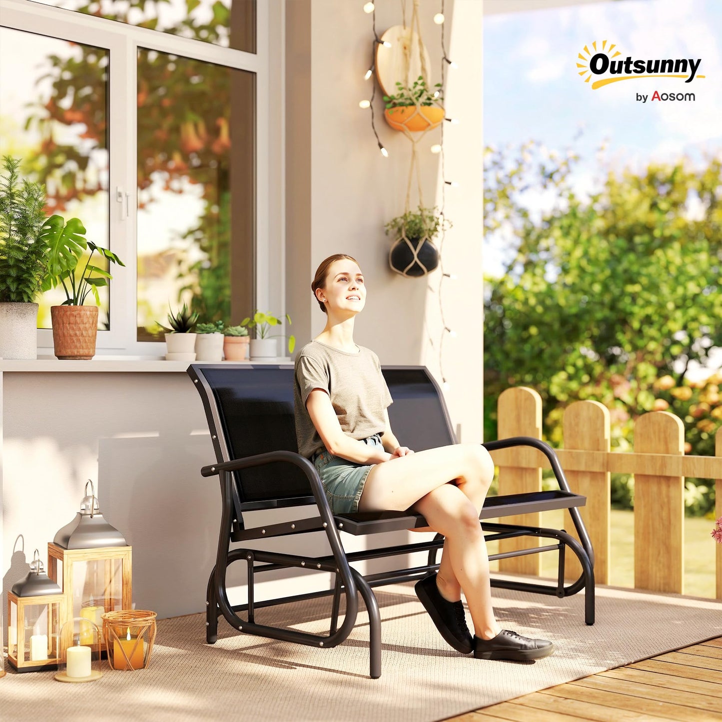Outsunny 2-Person Outdoor Glider Bench, Patio Double Swing Rocking Chair Loveseat w/Powder Coated Steel Frame for Backyard Garden Porch, Black