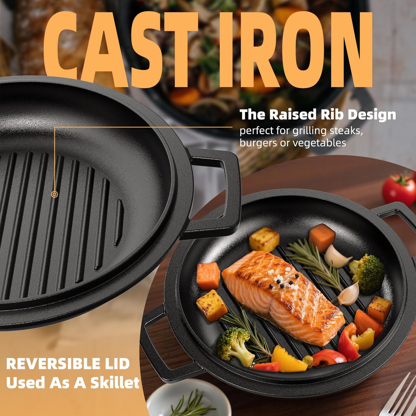 Cast Iron Dutch Oven Pot with Skillet Lid – Pre-Seasoned – Skillet Lid Cooking Pan– PFAS-Free –Umite Chef Cast Iron Skillet Cookware for Bread, Frying, Baking – Dual Handles – Oven, Grill, Campfire & Stovetop Safe – Durable & Non-Toxic, 5QT
