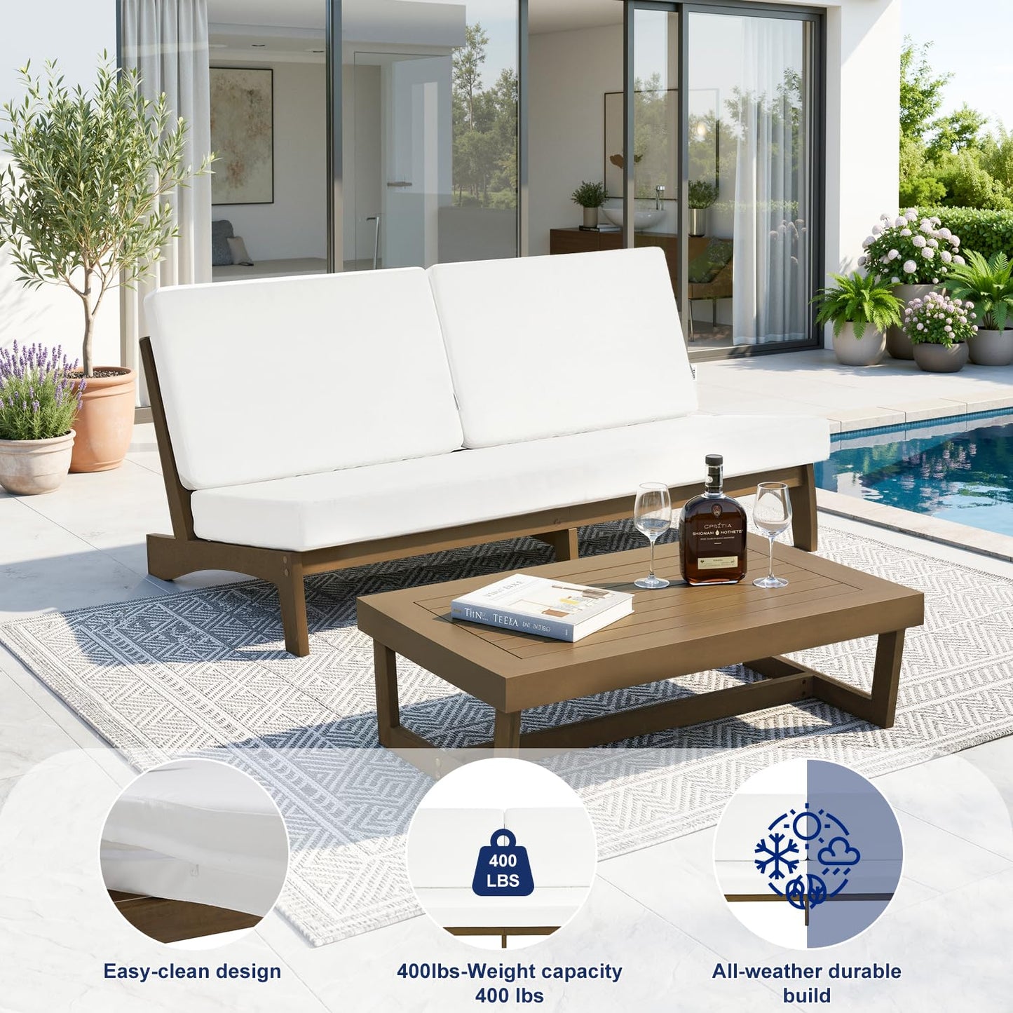 Pia Ricoo 6-Piece Patio Furniture Set, Outdoor Wood Sofa with Loveseat, 2 Chairs, Coffee Table & Side Table, All-Weather Conversation Set for Backyard/Deck/Lawn - Beige