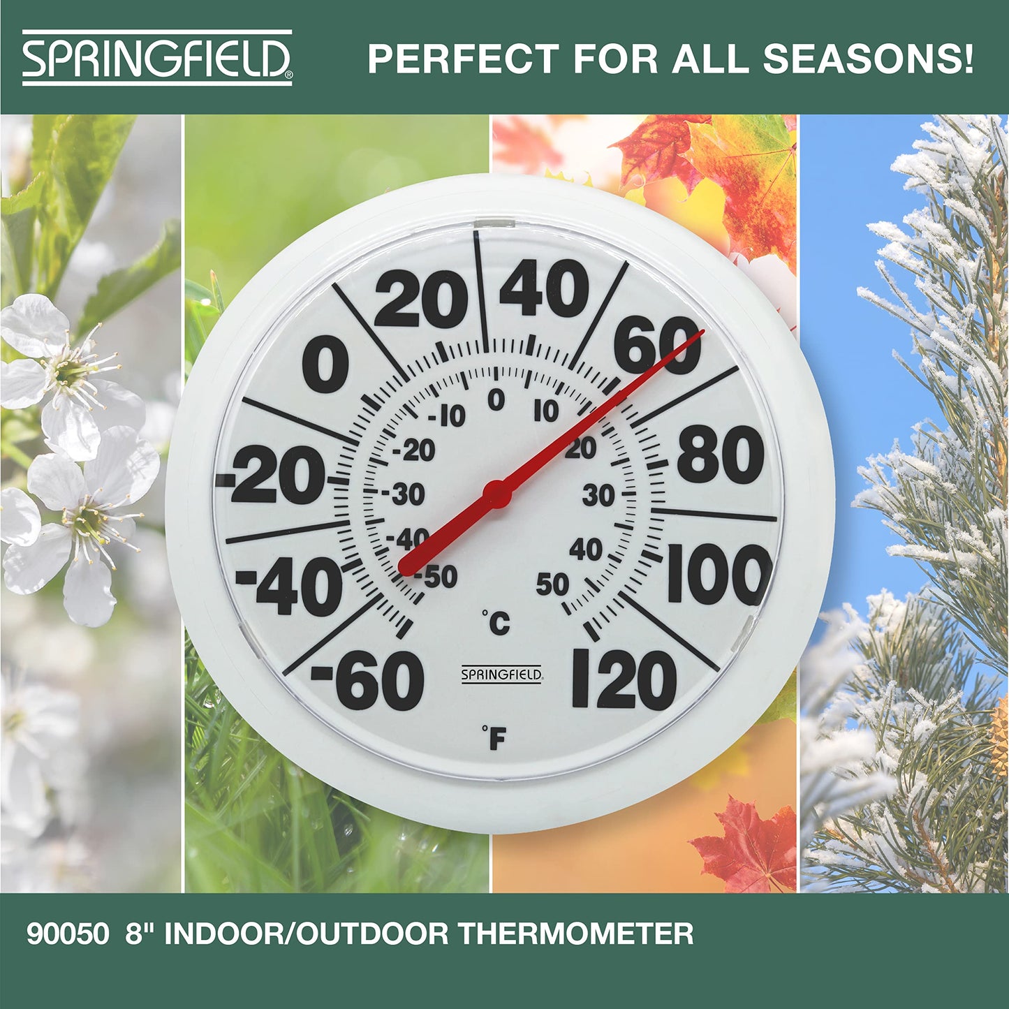 Springfield Indoor Outdoor Big and Bold Dial Thermometer, Wireless Thermometer with Easy to Read Large Numbers for Patio, Pool, and Indoor Areas, 8-Inch, White