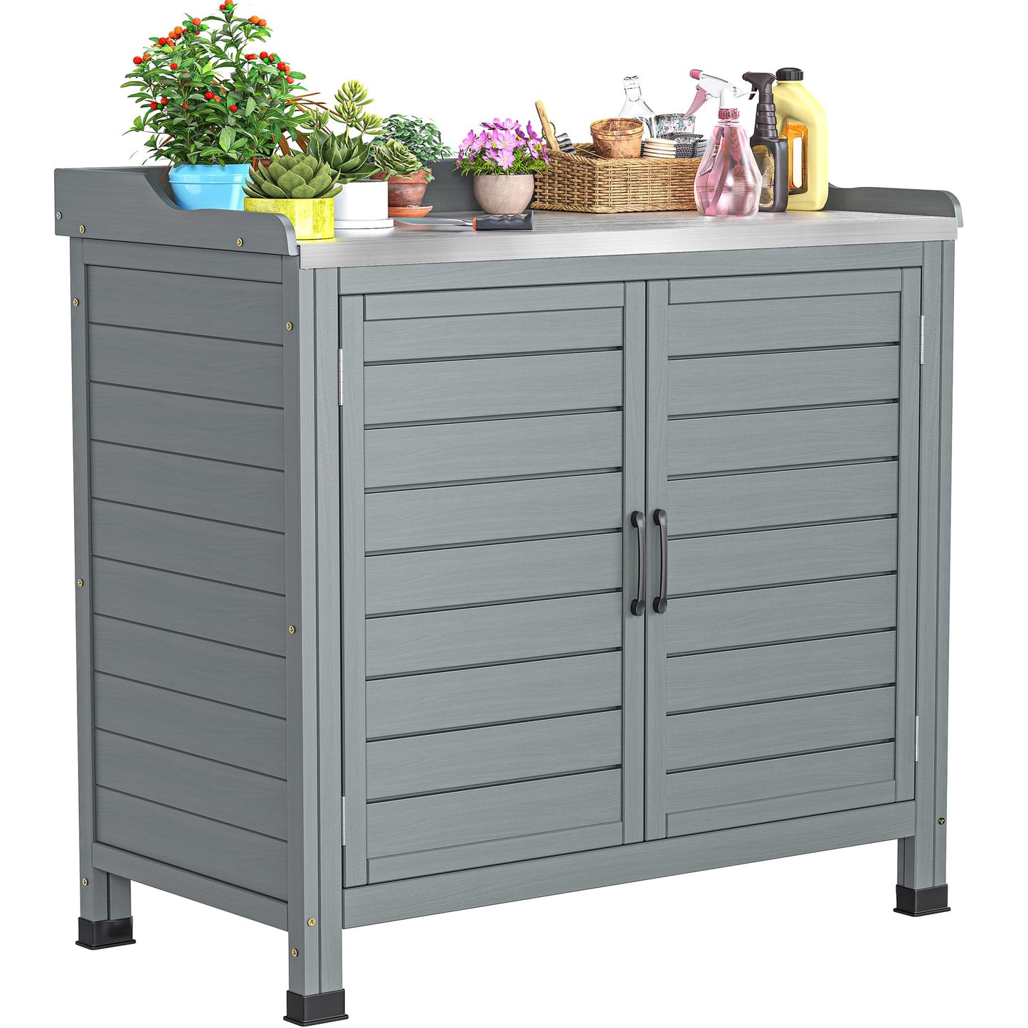 YITAHOME Outdoor Garden Potting Bench with Storage Cabinet, Metal Tabletop & Removable Shelf, Wooden Planting Workstation for Patio, Garden, Yard (Grey)