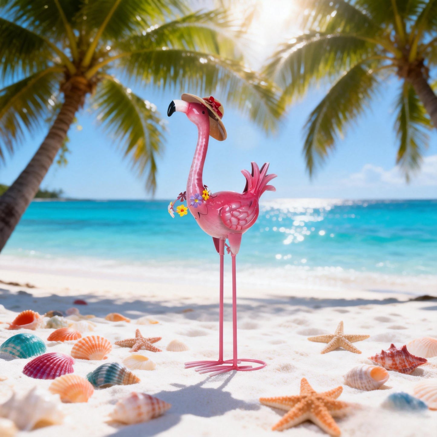 Natelf Flamingo Metal Garden Statue Outdoor Pink Hawaii Flamingo Yard Art Sculpture Decor with Flower Lei & Straw Hat, Waterproof Rust-Proof Lawn Decor for Patio, Poolside, Tropical Party