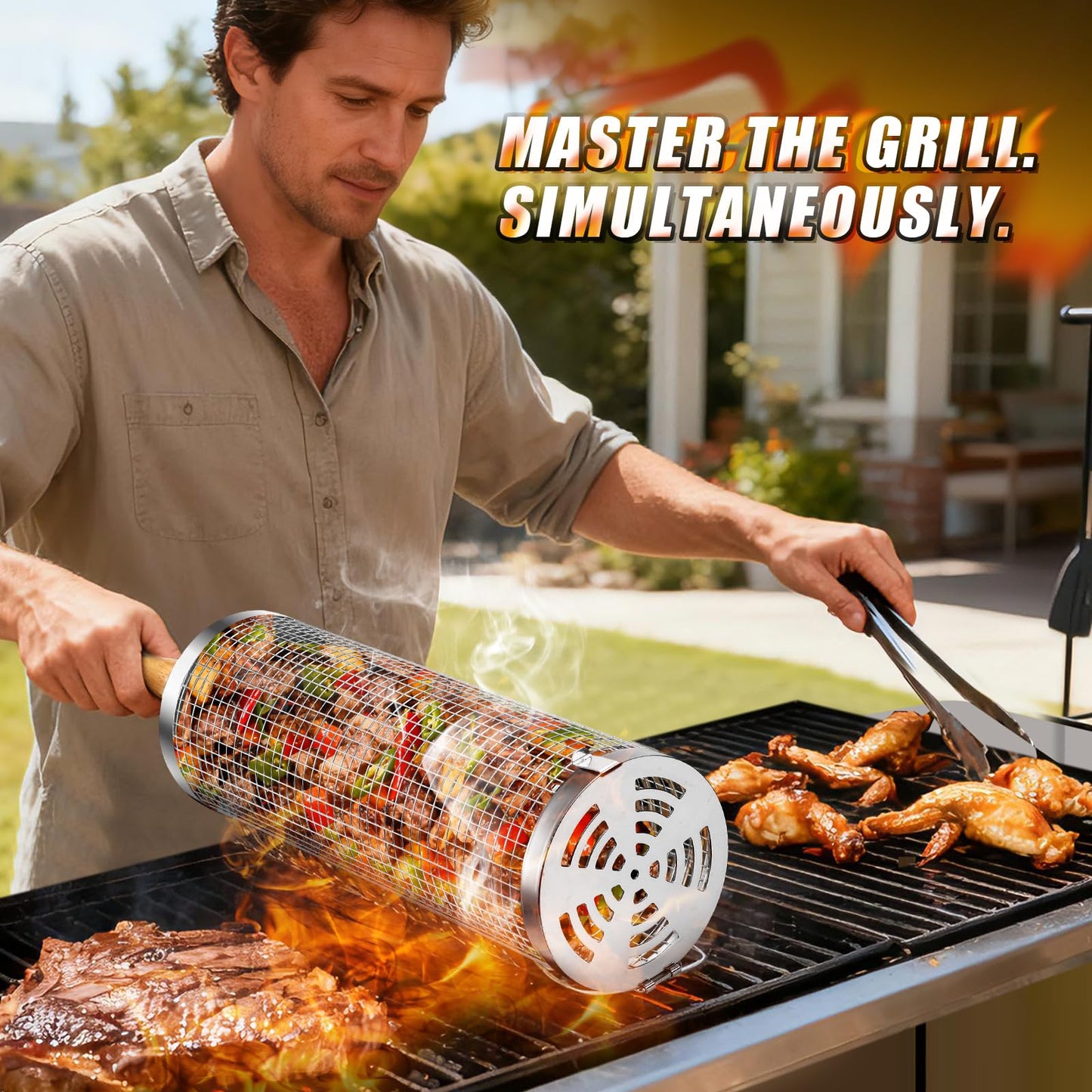 Rolling BBQ Basket for Outdoor Grill: Barbecue Smoker Grilling Baskets for Vegetable, Unique Birthday Christmas Gifts for Men Dad Husband 2pcs