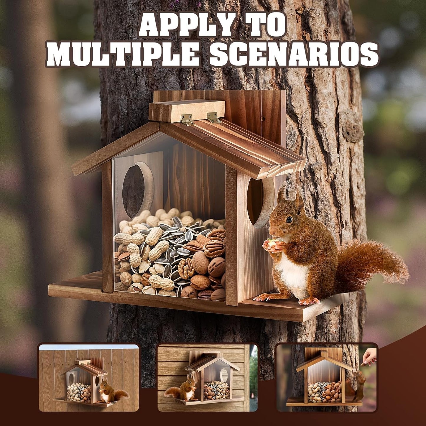 Gnodary Squirrel Feeders, Squirrel Feeders for Outside, Squirrel House for Outdoor - Chipmunk Feeder Box, Squirrel Food for Backyard Squirrels Hold Corn, Corn Cob, Peanuts (Brown)