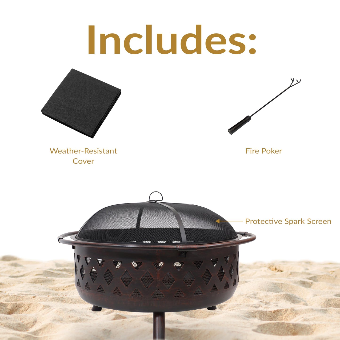 Sunnydaze Crossweave Outdoor Fire Pit - Wood-Burning Fire Pit for Outside with Spark Screen, Poker and Round Cover - 36-Inch - Bronze