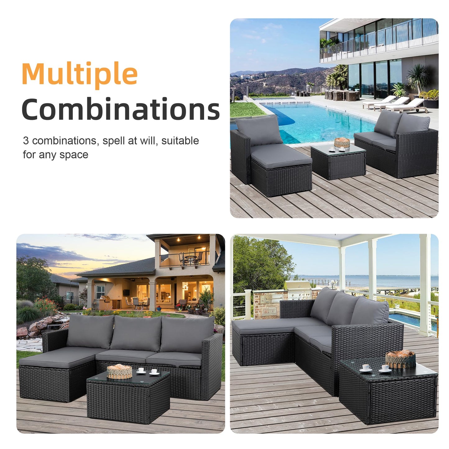 Shintenchi 4 Pieces Patio Furniture Sets, Outdoor Sofa Patio Sectional Sets All Weather, Wicker Rattan Seating Sofa Couch withwith Cushions & Coffee Table for Yard, Garden, Porch, Poolside (Gray)