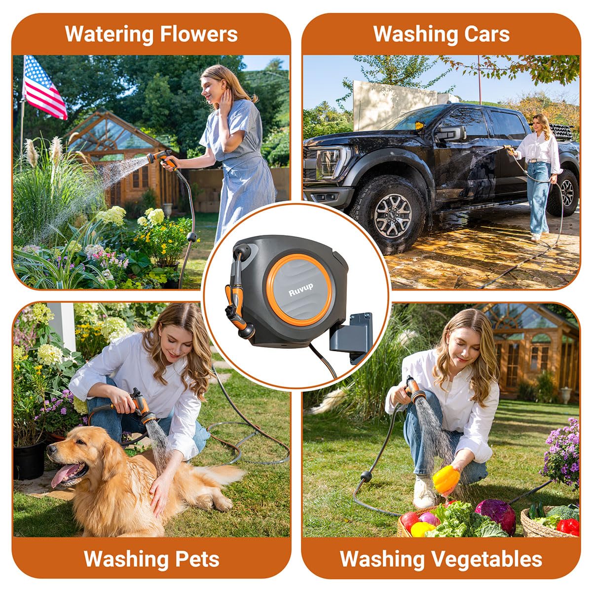 Ruvup Retractable Garden Hose Reel with Metal Bracket, 5/8in x 100ft+6.5ft Water Hose Reel, UV Resistant Automatic Hose Reel Wall Mount for Outside, Slow Retraction Any Length Lock 10 Spray Nozzle