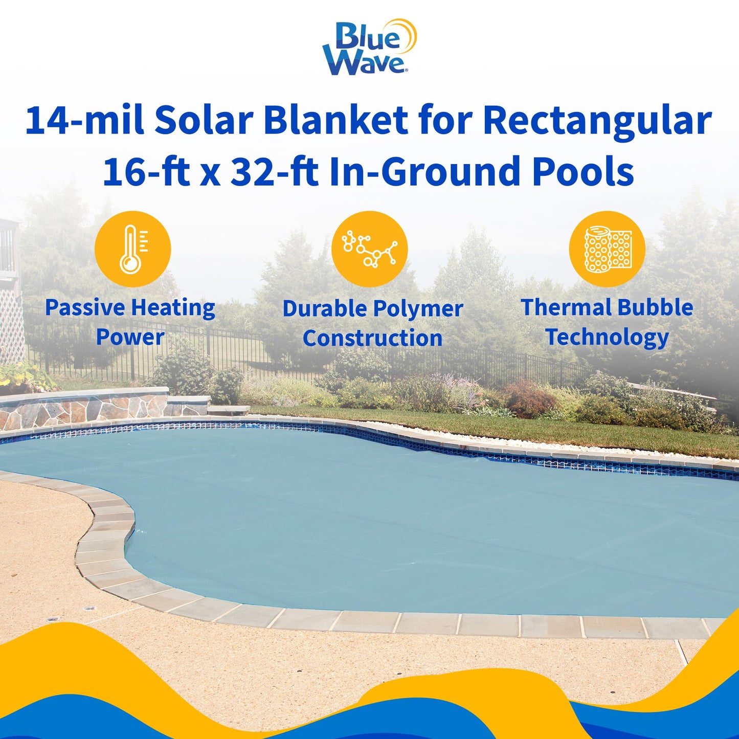 Blue Wave 16-ft x 32-ft 14-mil Solar Pool Cover for Inground & Above Ground Pools – Rectangular Pool Solar Blanket for Heat Retention, Debris Control & Reduced Evaporation – Easy Fit-to-Trim, Clear