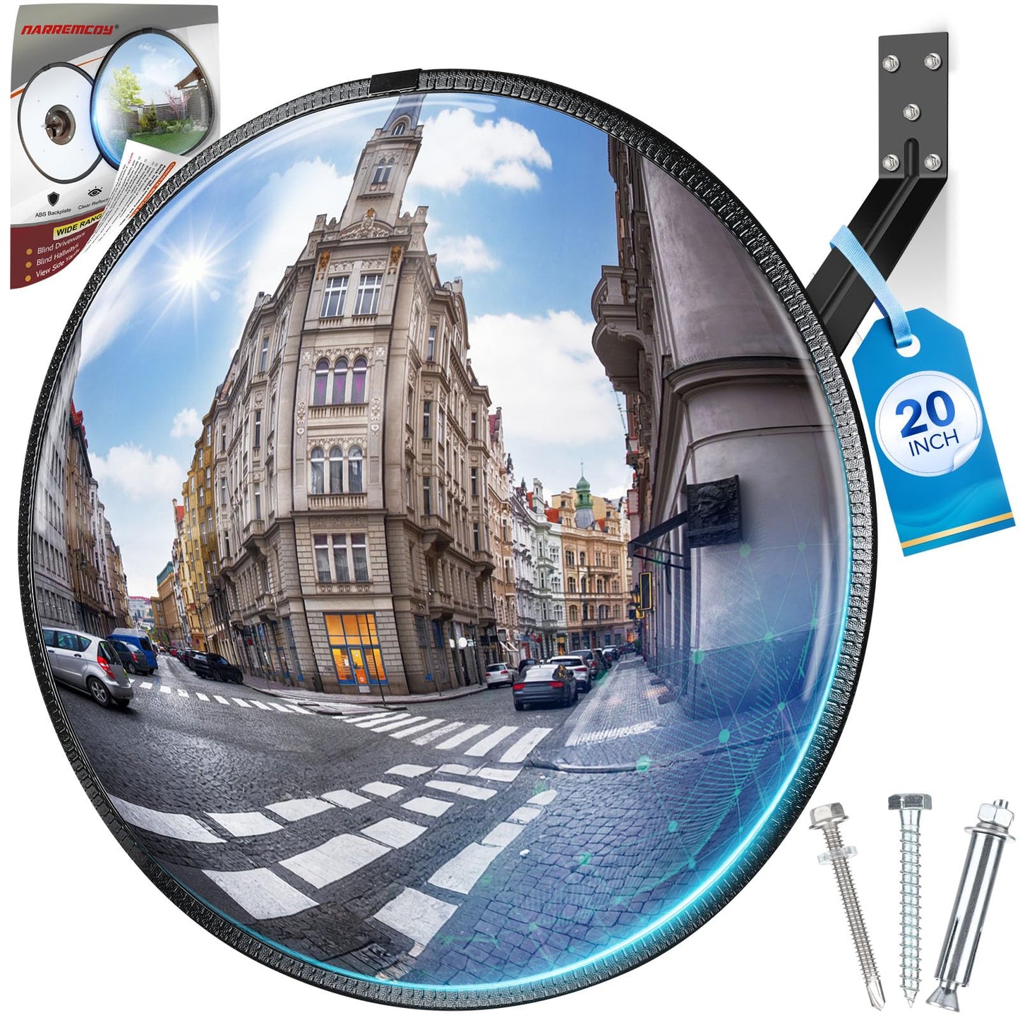 Narremcoy 20" HD Acrylic Convex Mirror - 160 Adjustable Wide Angle View, Leather Frame & ABS Back, Blind Spot Mirror for Indoor/Outdoor Use in Garage, Warehouse, Driveway, Store & Office Security