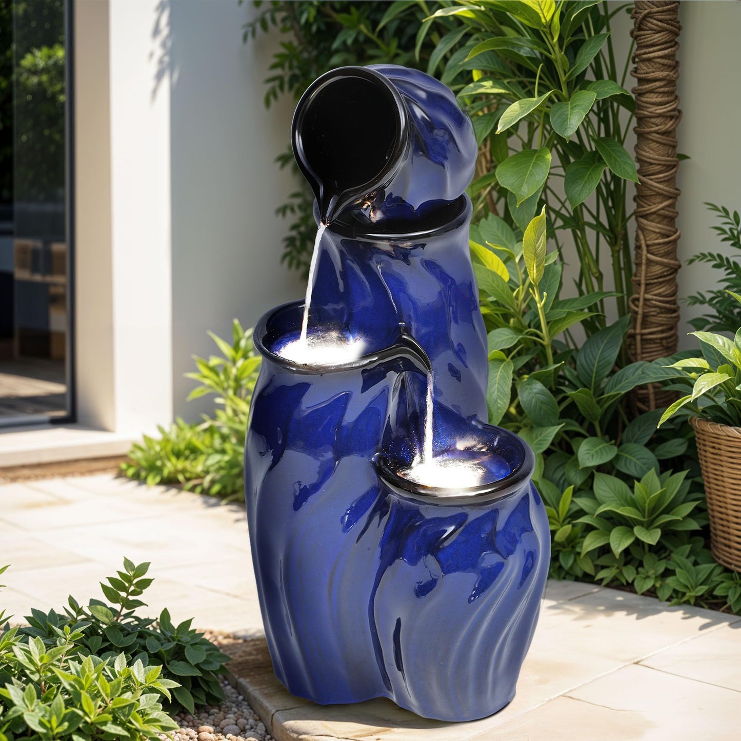 Ultym 29" Tall Ceramic Water Fountain Outdoor with LED Lights, 4-Tier Cascading Waterfall Garden Fountain, Ideal for Serene Relaxing Patio, Yard or Porch, Cobalt Blue Glaze, Dynamic Wave-Texture