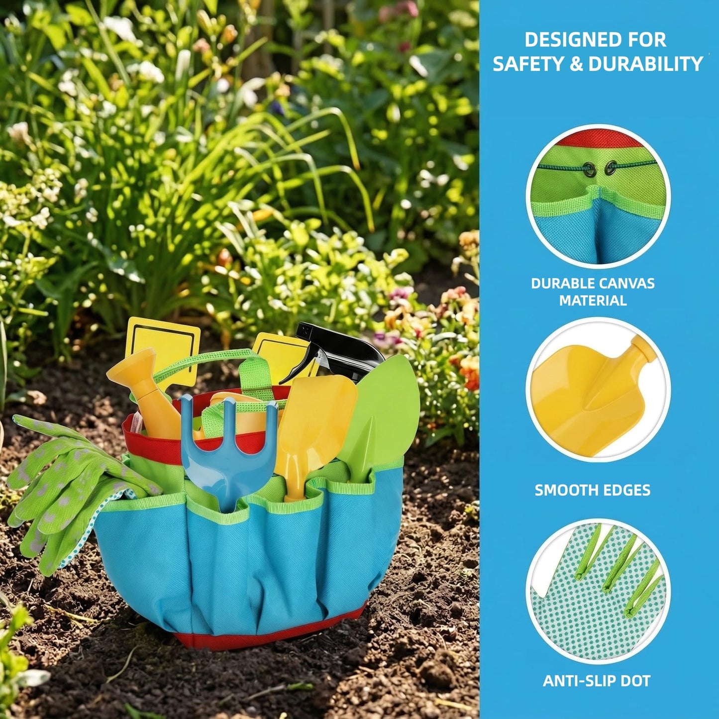 Cididu 8PCS Kids Garden Tools Set, Boys Girls Gardening Kit Tools Including Watering Can, Spray Bottle, Tote Bag, Trowel, Rake, Outdoor Garden Toy Gift for Beach