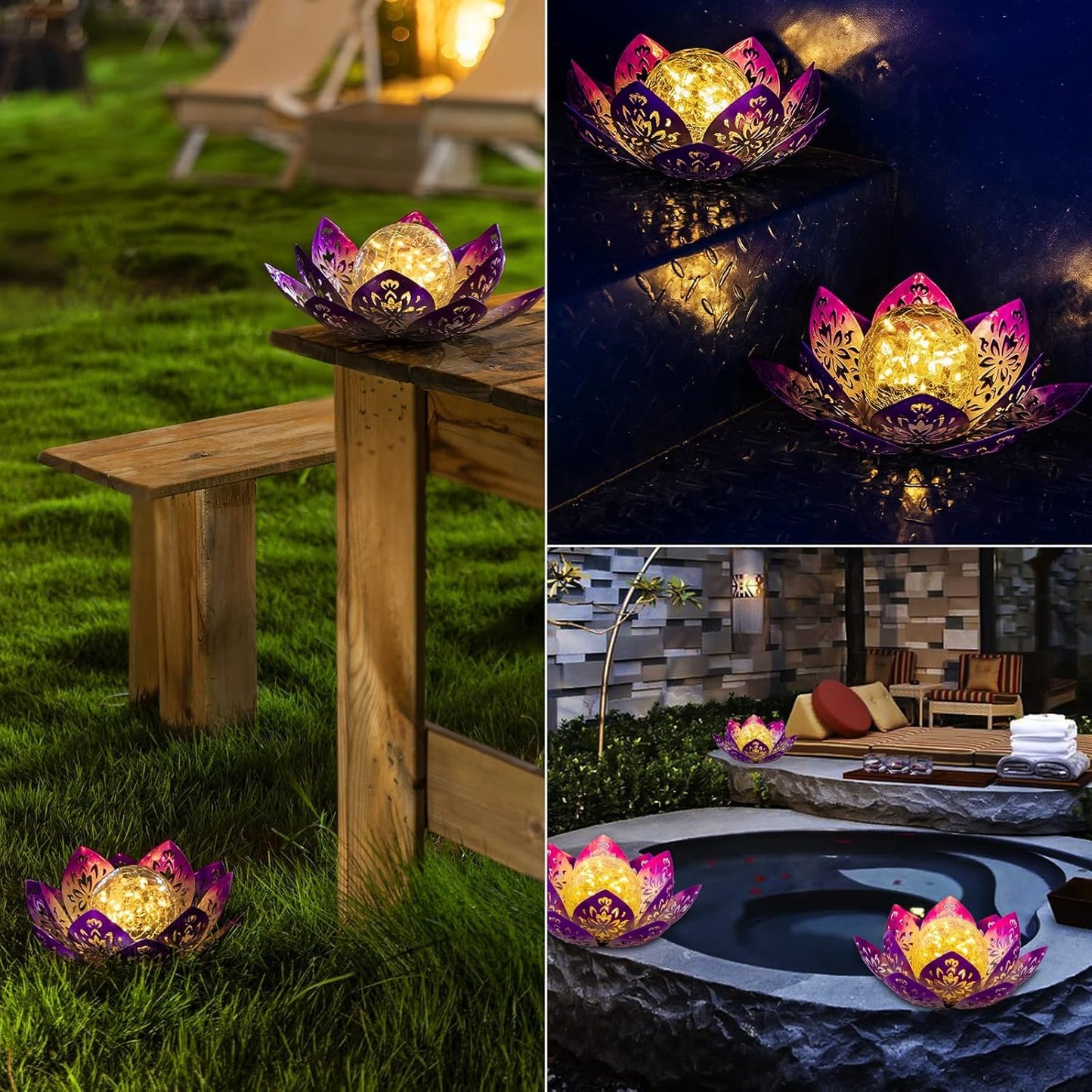 Huaxu Solar Lights Outdoor Decorative-Bright Purple Lotus Flower Table Lamp,Glass Globe 30 LED Waterproof Metal Decorations Gifts for Mom Women Garden Patio Pathway Yard Balcony Outside Decor
