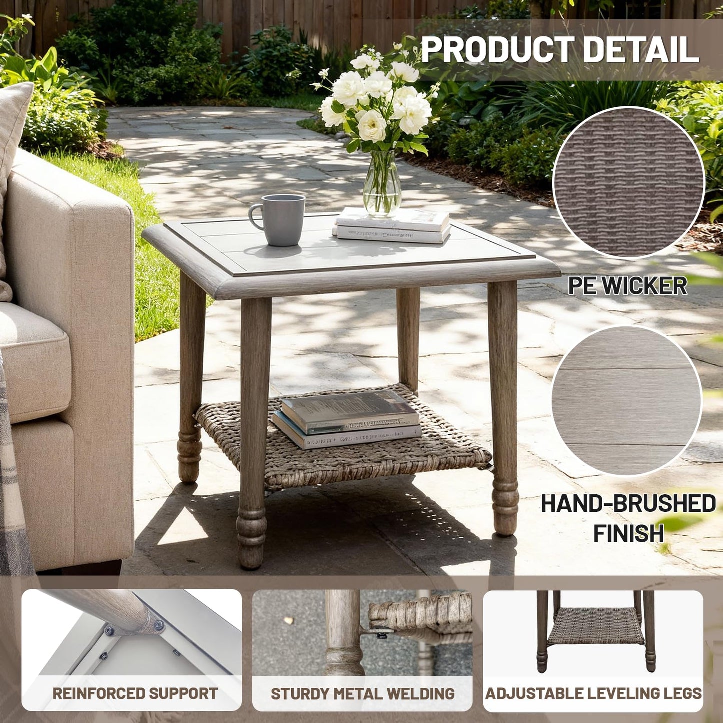MOLIBYME Wicker Outdoor Side Table with Storage, Small Square Patio Side Table for Porch Balcony Deck Garden Poolside(1PC)