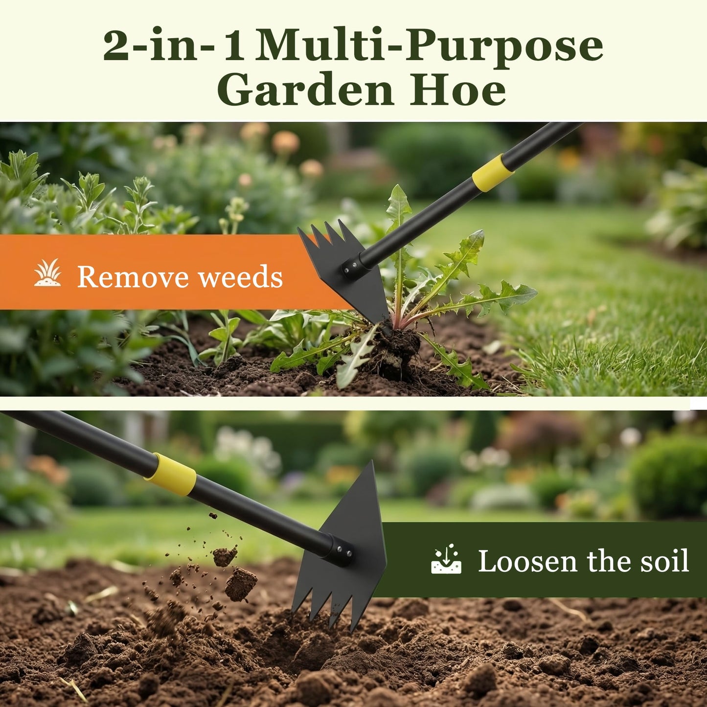DwelSpire Heavy Duty Garden Hoe, 60" Adjustable Length Long Handle Hoe Garden Tool Weeding Tool for Grass Removal, Lawn Care, Soil Loosening & Cultivating