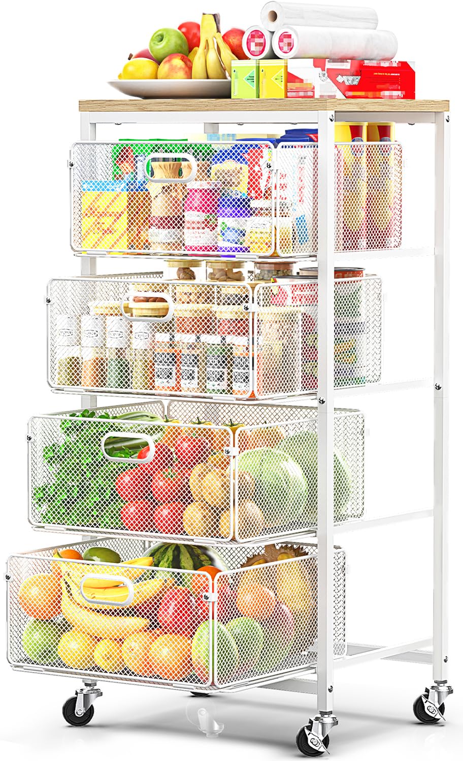 SUNALLY Rolling Kitchen Cart with Drawers, 4-Tier Utility Cart Fruit Vegetable Storage Cart with Lockable Wheels, Wooden Top Metal Kitchen Storage Organizer for Cans, Snacks, Beauty, Craft, Art, White