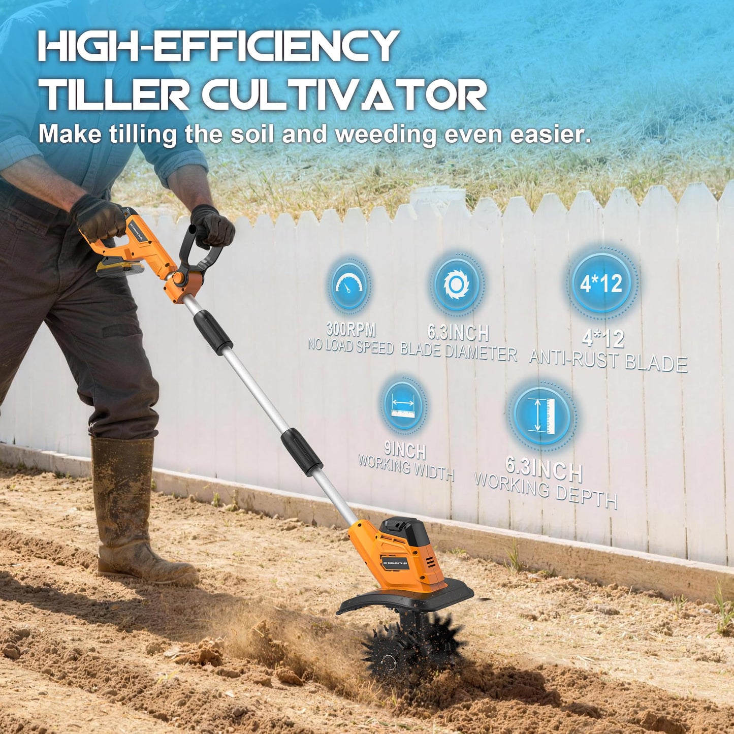 Cordless Tiller Cultivator (No Battery) Compatible with Dewalt 20V Max Battery, 9In Tilling Width & 6.3In Depth Tiller for Gardening, Loose Soil, Weeding, Trenchig
