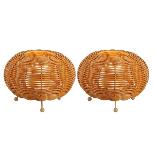 JONATHAN Y 5.75" Light Brown Modern Bohemian Indoor/Outdoor Faux Rattan Lantern Table Lamp Set of 2, Rechargeable Cordless Dimmable Integrated LED for Deck, Patio, Porch JYL7156A-SET2