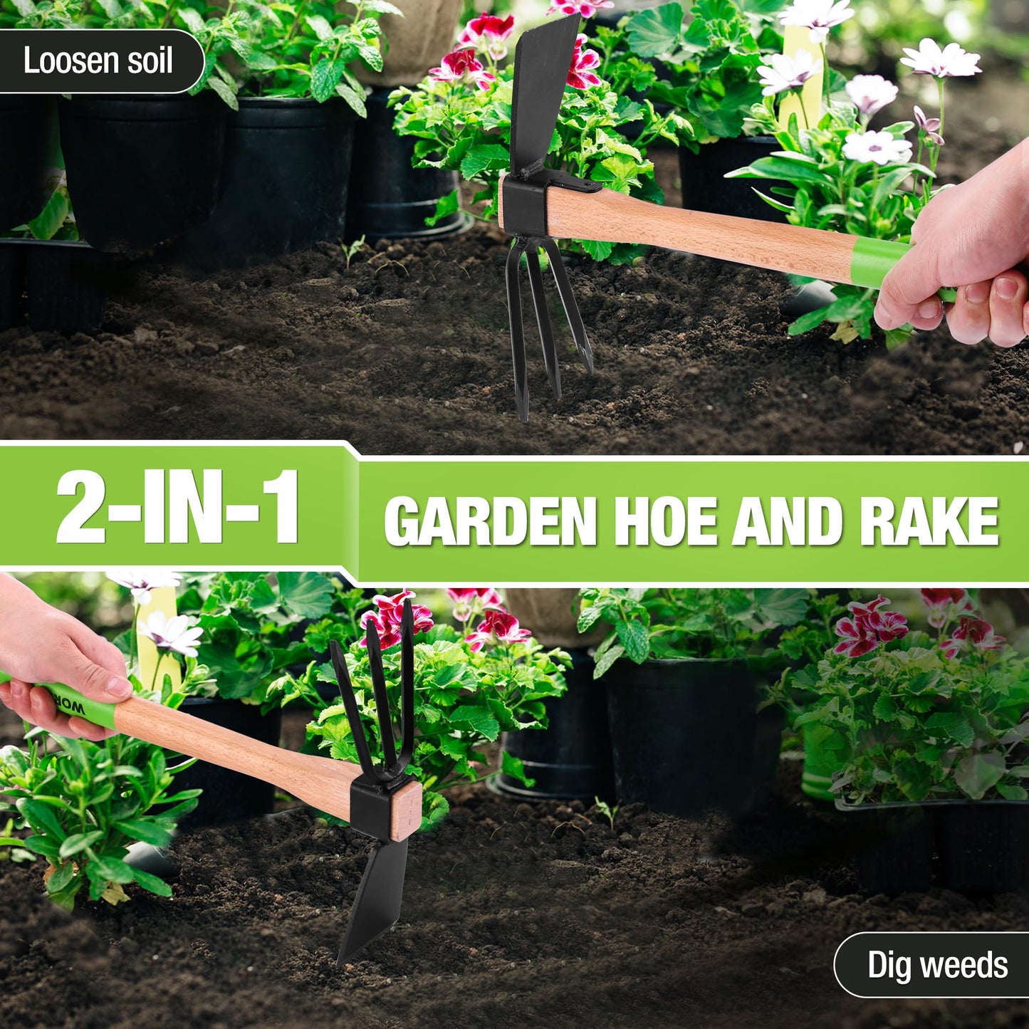 WORKPRO Hoe and Cultivator Garden Rake with 14" Wooden Handle, Sharp Hoe Blade & Sturdy 3 Claw Tiller, 2-in-1 Heavy Duty Gardening Hand Tools for Digging, Loosening Soil, Weeding, Cultivating
