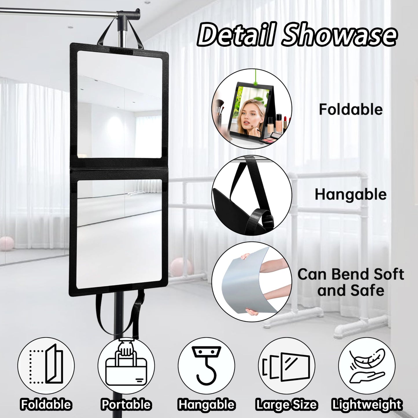 Adzyz Foldable Camping Travel Mirror, 33“ x 13” Hanging Shatterproof Full Length Mirror for Camping, RV Travel, Dorm Room, Portable Dance Practice Mirrors - Black