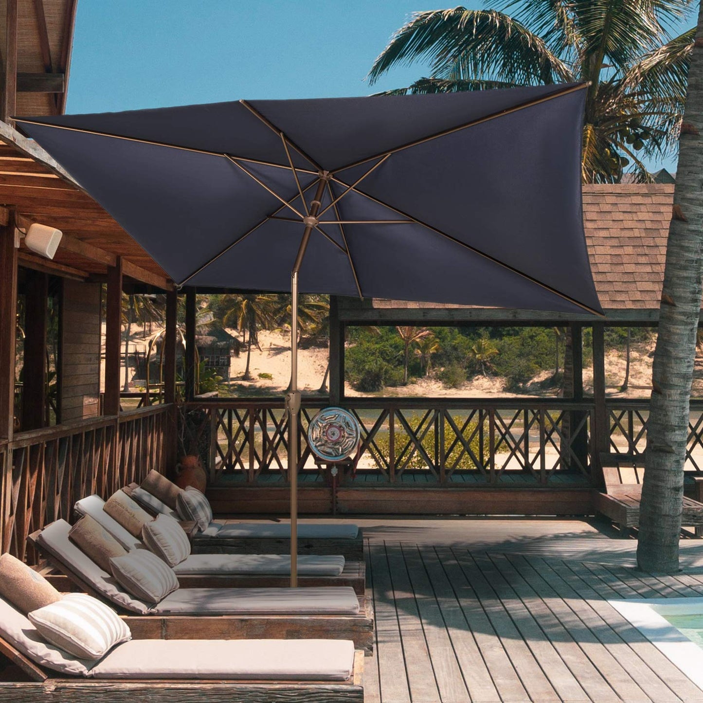 Ogrmar 6.5x10ft Patio Umbrella Rectangular Outdoor Table Umbrella with Crank & Push Button Tilt for Terrace, Backyard, Garden, Courtyard, Swimming Pool, Lawn (Navy Blue)
