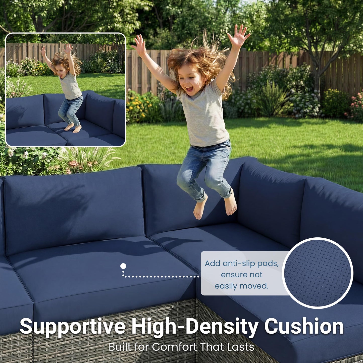 Wisteria Lane 7 Pieces Outdoor Patio Furniture Set, Wicker Outdoor Patio Sectional Sofas with Coffee Table, All-Weather Patio Conversation Set for Backyard Garden, Navy Blue