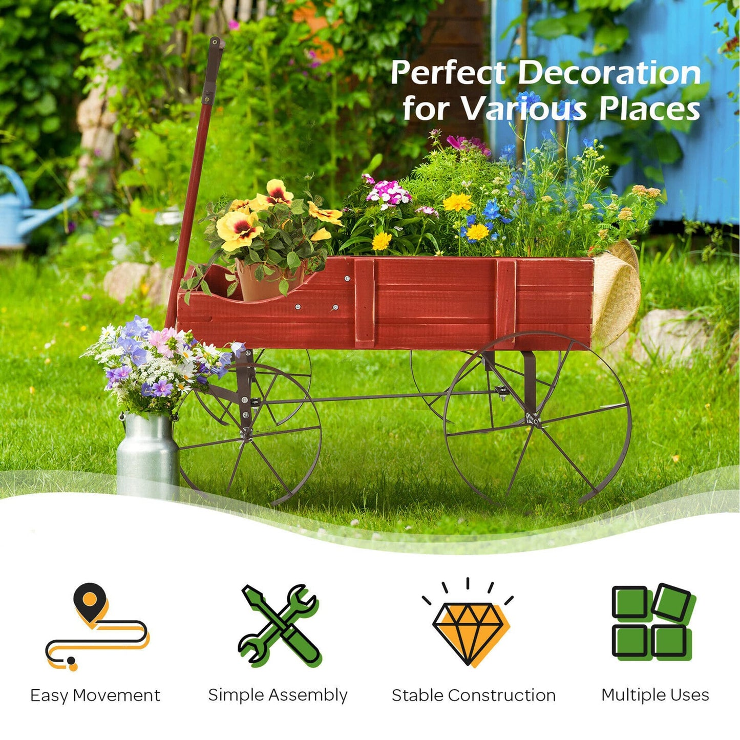 DORTALA Wood Wagon Planter, Outdoor Garden Flower Planter Cart with Wheels, Small Decorative Wood Raised Bed Plant Pot Box Stand for Backyard, Patio, Balcony, Red
