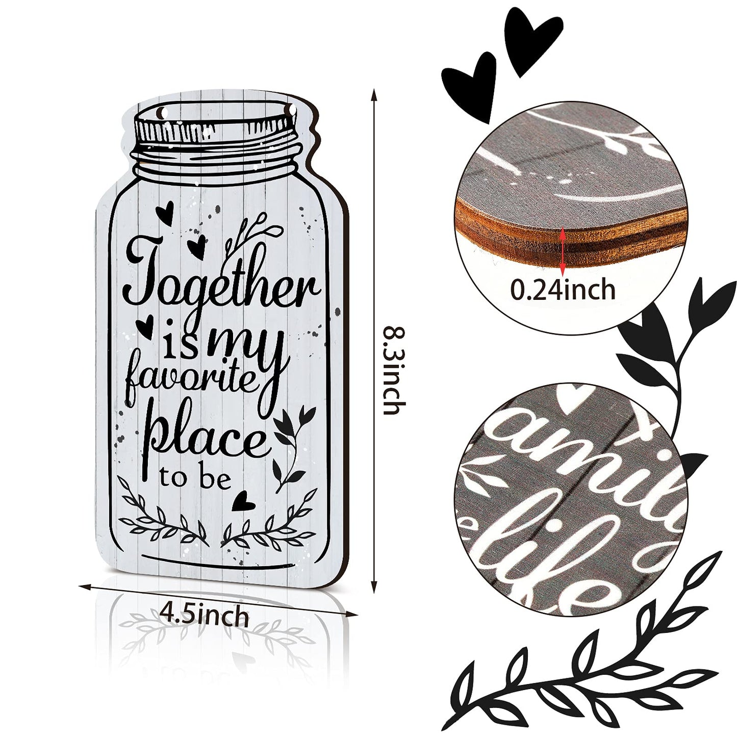Jetec 4-Piece Mason Jar Wall Hanging Plaque Set - Rustic Farmhouse Decor Signs - Bless This Home, Family, Together, Love, Life, Home, Forever - Wooden Wall Mount - Approx. 8.3 x 4.5 x 0.24 Inches