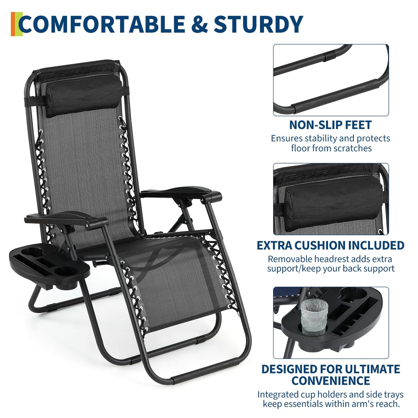 Patio Lounge Chairs Set of 2, Outdoor Recliner with Side Tray & Headrest - Heavy Duty Steel Mesh Folding Chairs, Adjustable Portable Camping Lawn Chairs for Poolside, Beach, Backyard, Deck