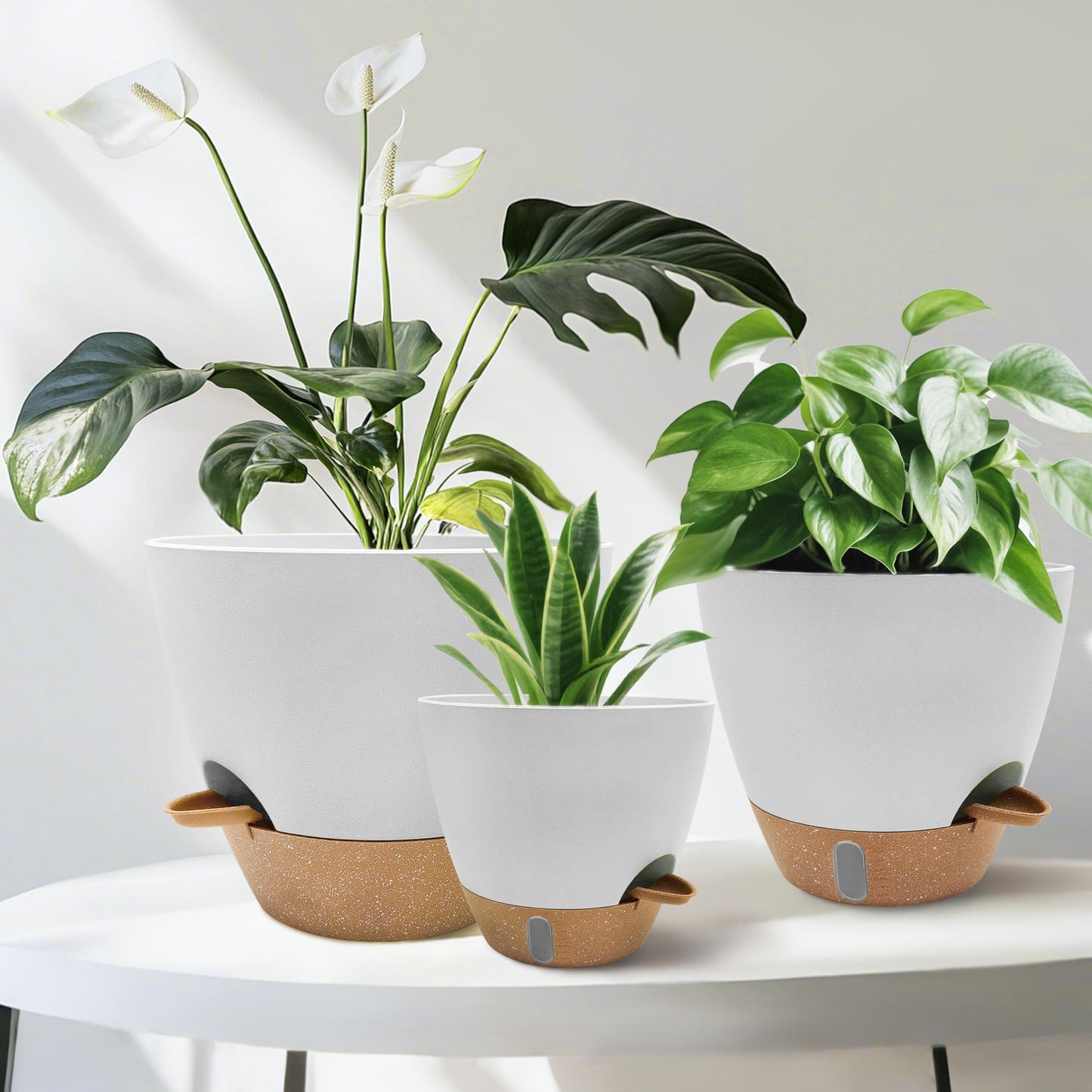 SORANGEUN 12/10/9/8 inch Self Watering Pots with Visual Water Window, Extra Large Self Watering Plant Pot with Drainage Holes and Saucers, White Flower Pots for Indoor Plants
