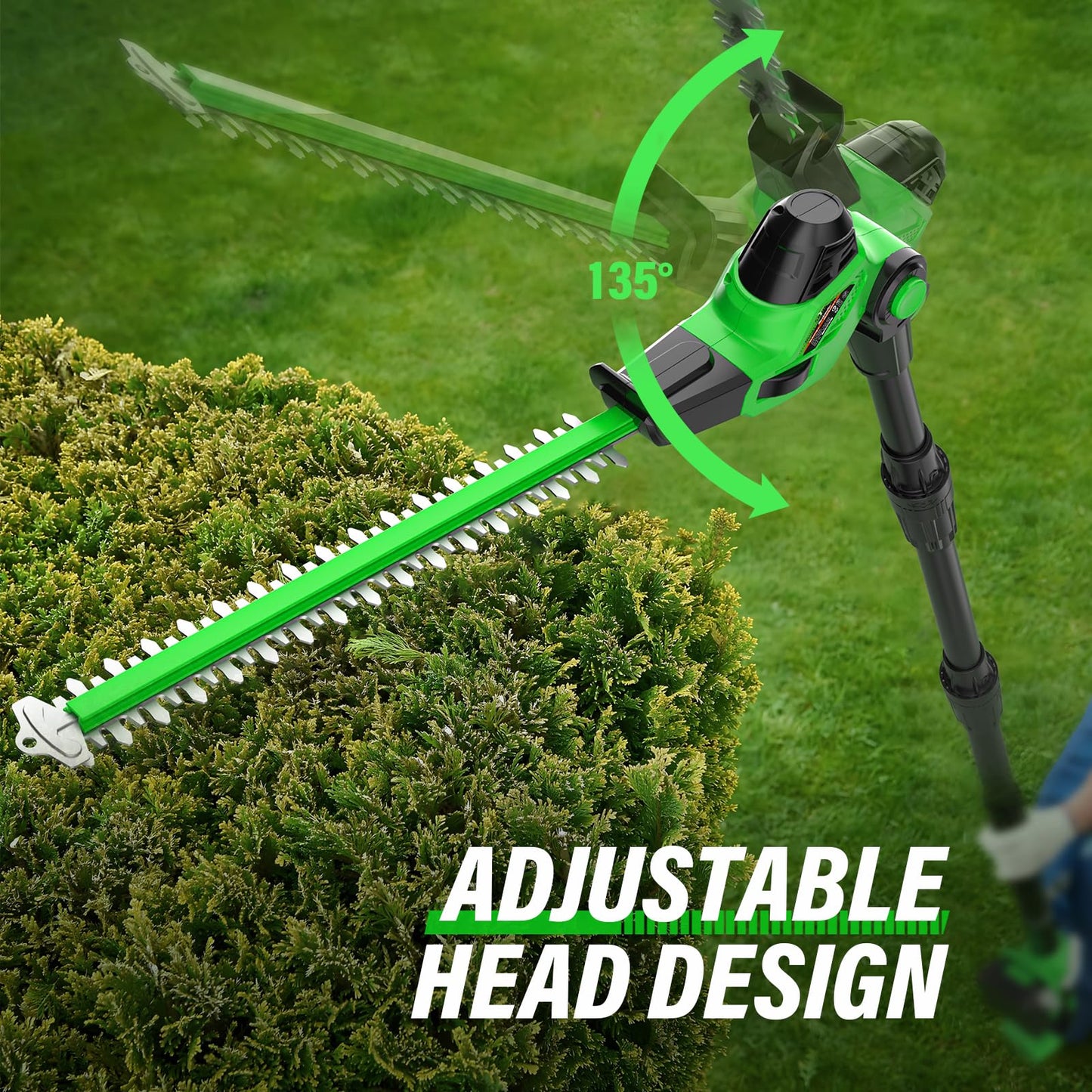 SOYUS Pole Hedge Trimmer Cordless, 18-inch Electric Hedge Trimmer with Extension Pole, 16-Foot Max Reach, Multi-Angle, 2 * 2.0Ah Batteries and Charger Included
