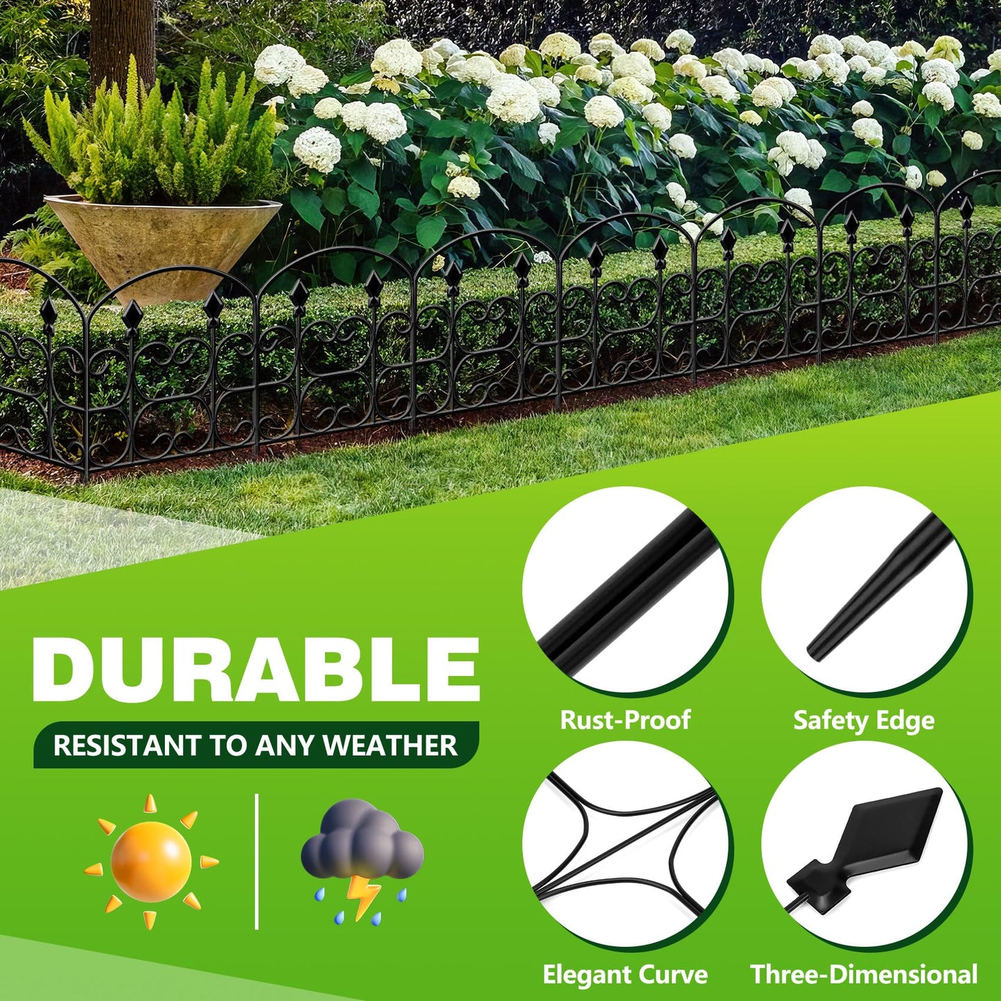 QIAOKAIYAN 19 Pack Decorative Garden Fence Panels – 24in(H) x 20.57ft(L) Black Metal Fence with Floral No Dig Animal Barrier Fence Rustproof Garden Edging for Yard Patio Dog Outdoor Decor Flower Bed