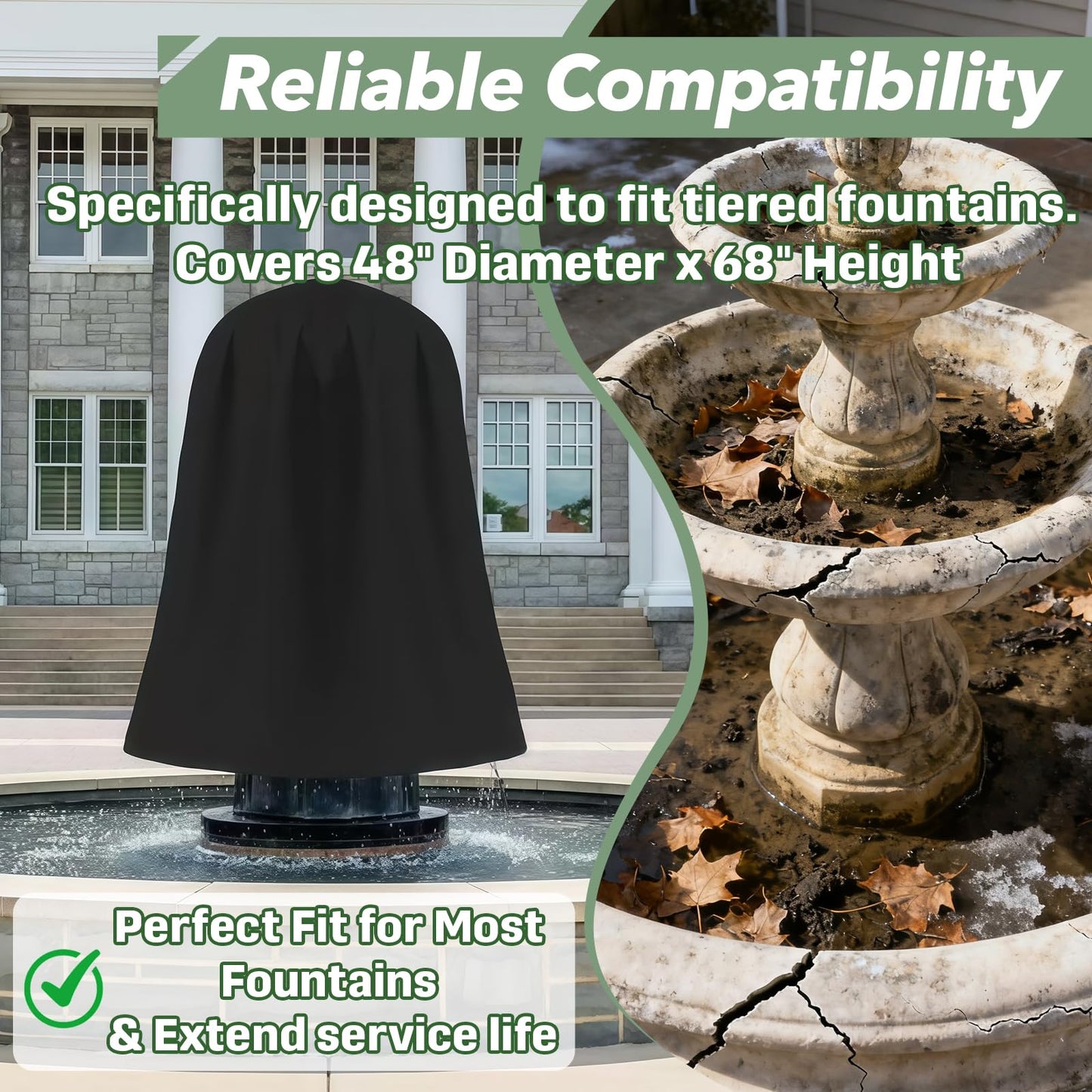 Fountain Cover 48" x 68", Heavy Duty Oxford Cloth Outdoor Fountain Protector with Adjustable Drawstring, Waterproof & Dustproof for Garden/Patio Water Fountains & Statues, Winter Protection (Black)