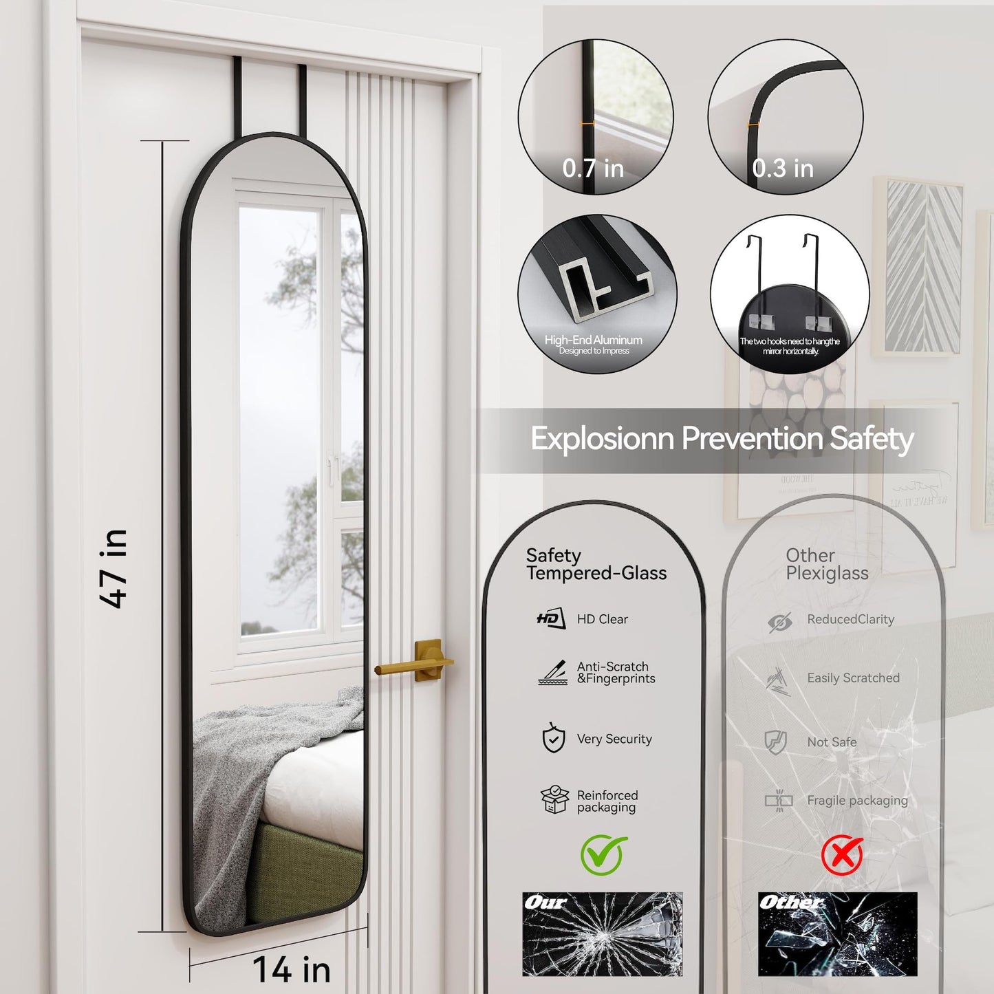 SCWF-GZ 47x14 Mirror Full Length Back Door Hanging or Wall Mounted Aluminum Metal Frame Arch Mirrors for Entryway Bedroom Bathroom Dressing Living Room 47 14 inch Black