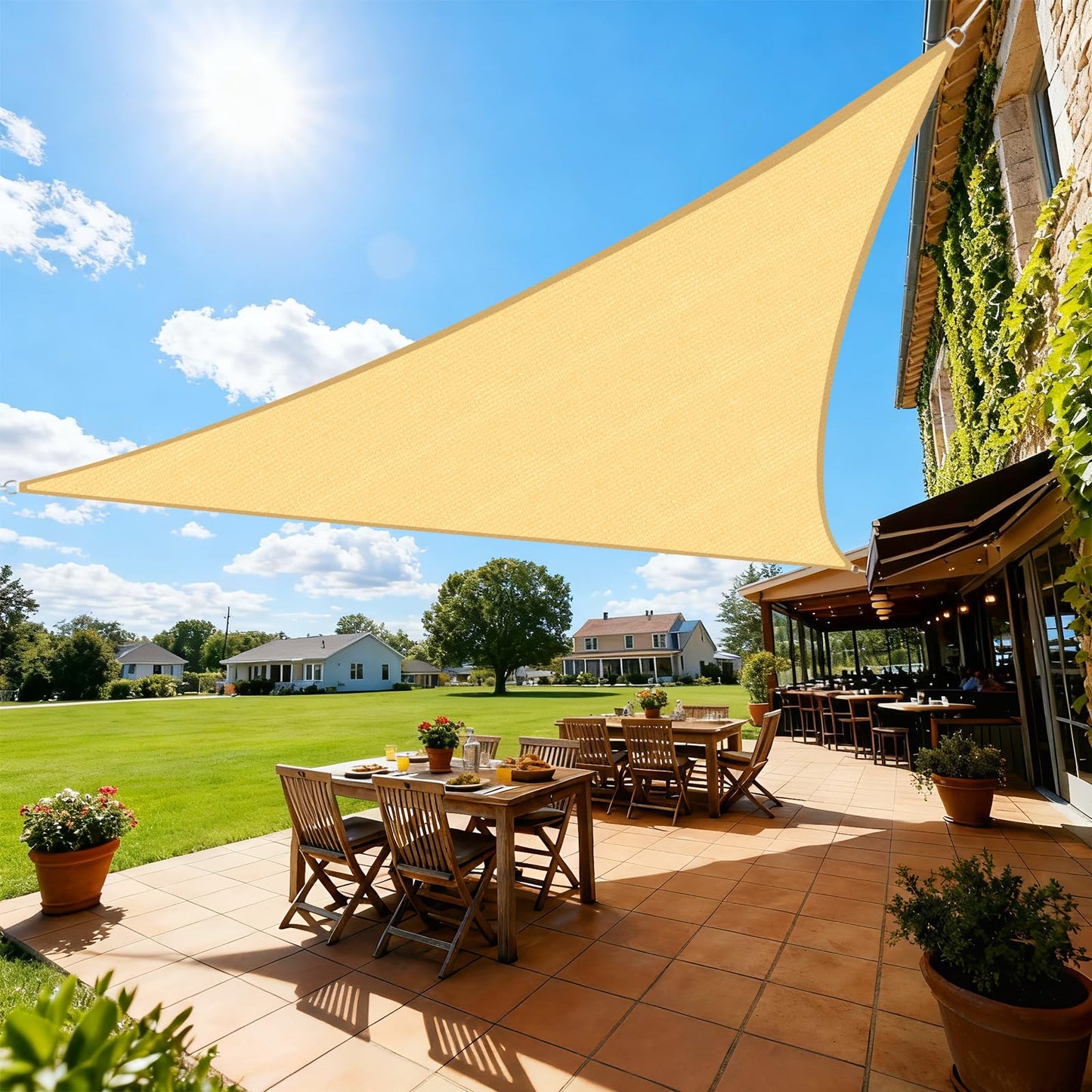 Artpuch Sun Shade Sail, 24'X24'X33.9' Sand Triangle, Curved Edged Sun Shade, Commercial Grade 185GSM HDPE UV Permeable Outdoor Shade Cloth for Deck, Backyard, Patio (Custom Sizes Made)